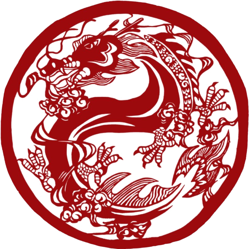 龍 桌布 壁紙 — 一個大膽的紅色圓形剪紙龍設計，帶有複雜的圖案，襯托在 stark 黑色背景上。