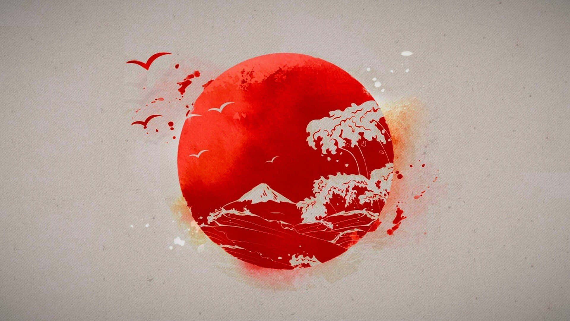 Red Japanese 桌布 壁紙 — 一個大膽的紅色圓形太陽，帶有白色波浪和山脈剪影，以及飛翔的鳥兒，背景為紋理米色。