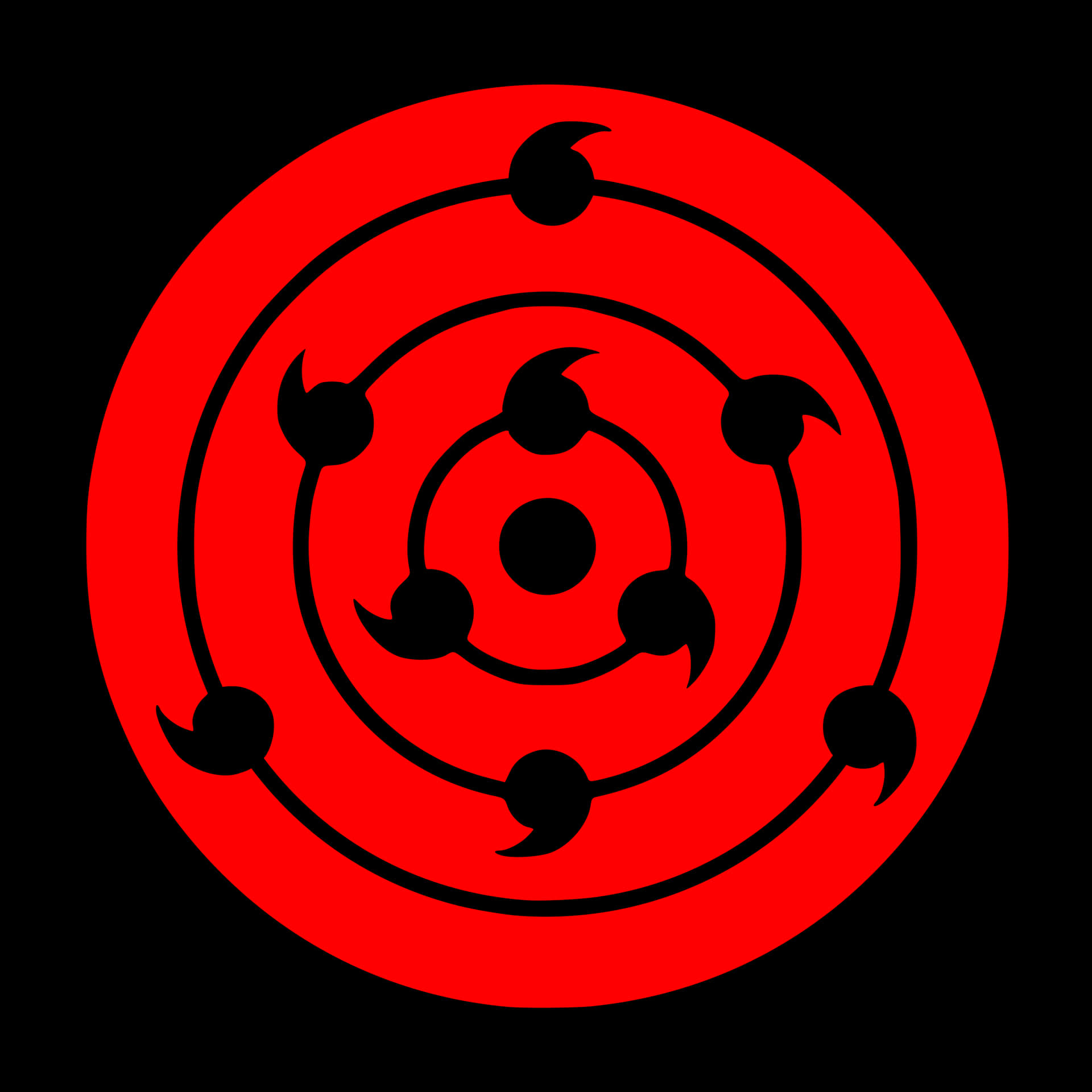 帶有黑色圓環和彎曲標記的紅色圓形動漫符號。 — 寫輪眼 壁紙