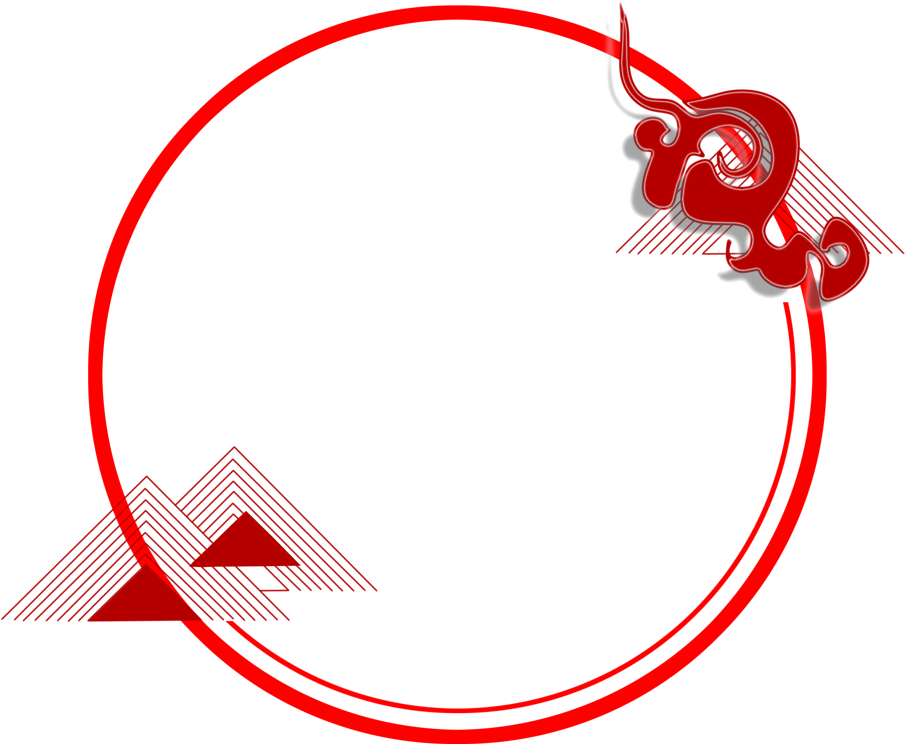 Circle Shape 桌布 壁紙 — 一個大膽的紅色圓形框架，帶有風格化的山脈和龍圖案，背景為黑色。