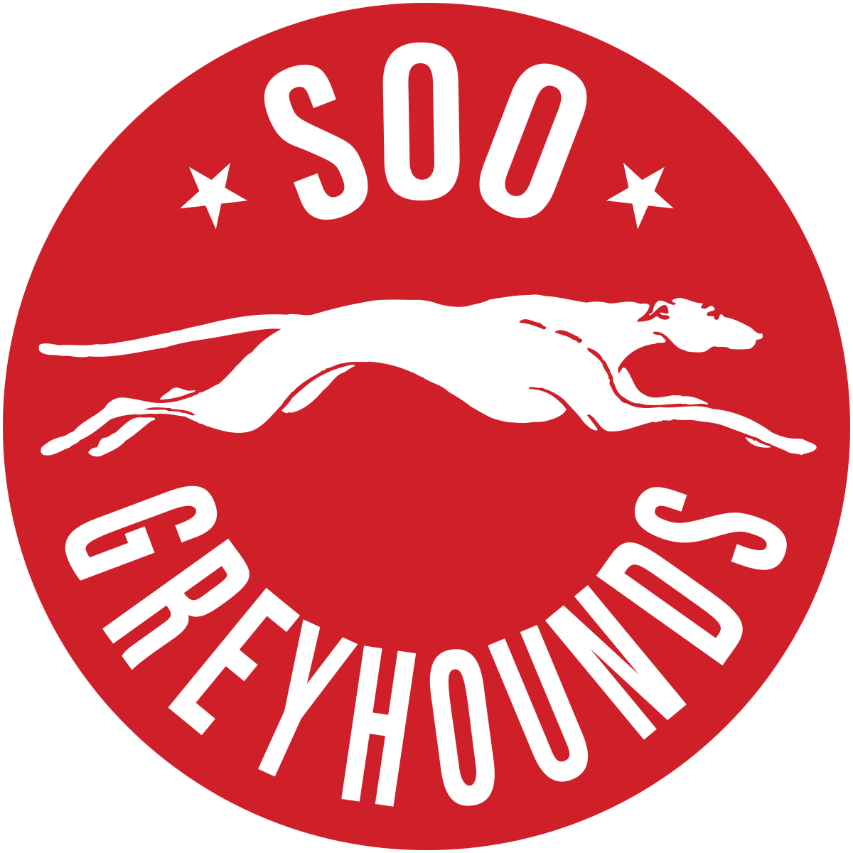 灰狗 桌布 壁紙 — 一個大膽的紅色圓形標誌，以白色文字顯示「SOO」和「GREYHOUNDS」，並帶有一隻跳躍的灰狗的白色剪影。