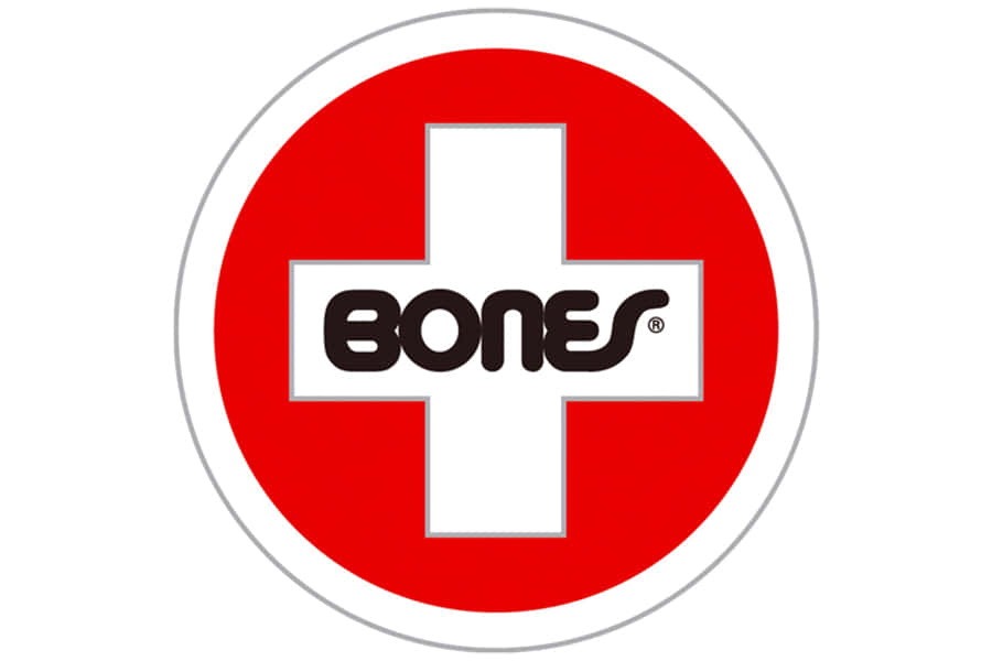 桌布 壁紙 — 一個大膽的紅色圓形標誌，白色十字和黑色「BONES」文字居中在白色背景上。