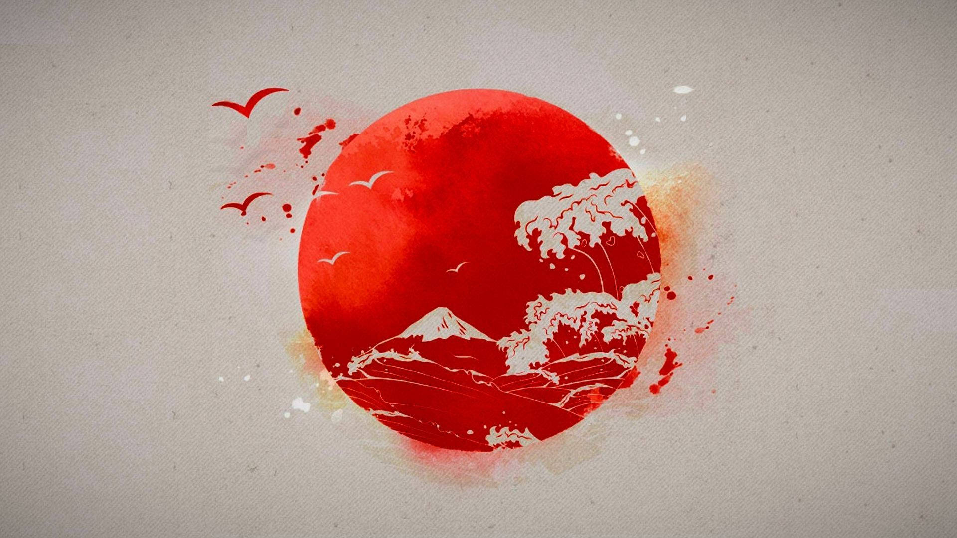 紅色圓形藝術品，以白色剪影呈現富士山和海浪，飛鳥，置於紋理米色背景上。