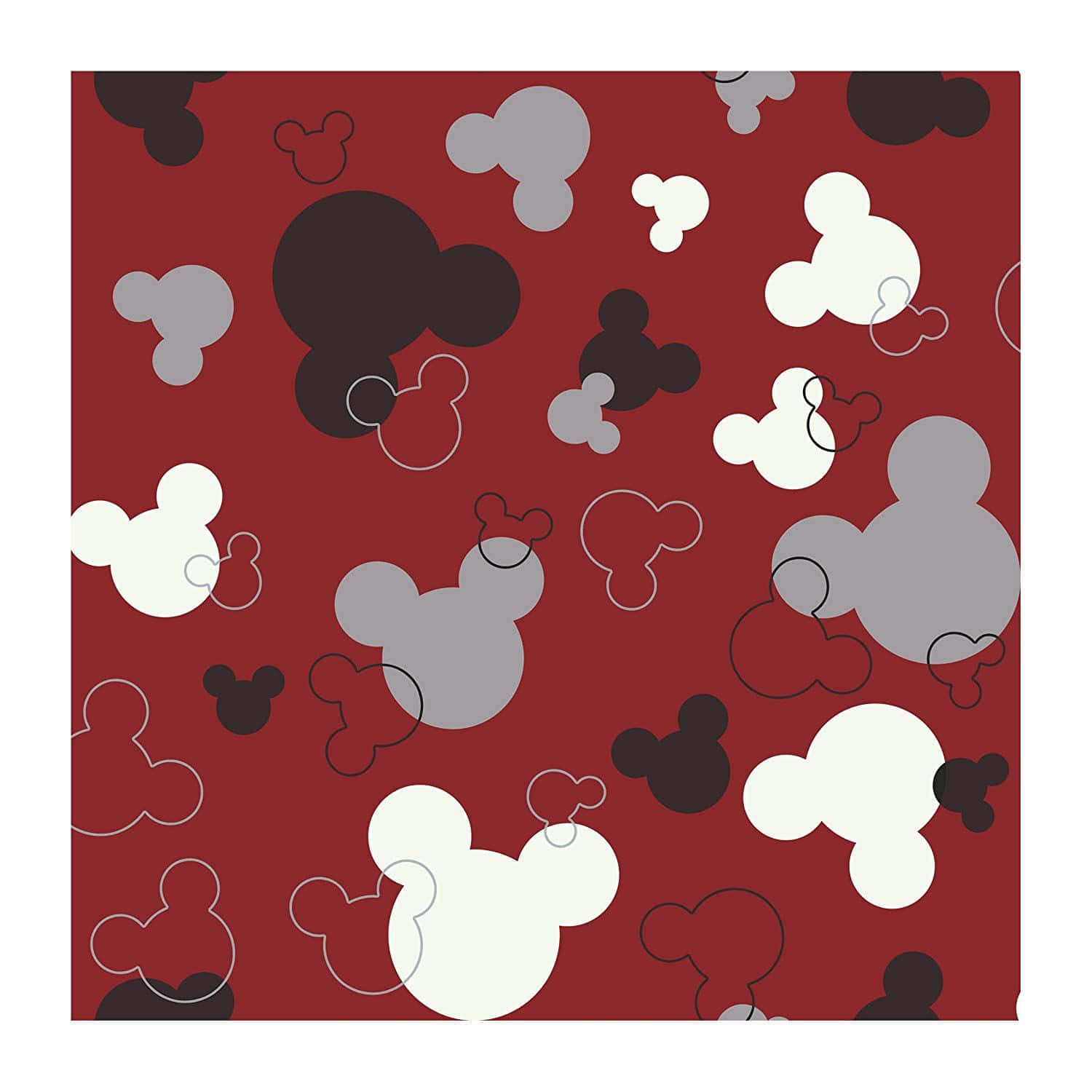 Mickey Mouse Ears 桌布 壁紙 — 一個大膽的紅色壁紙圖案，上面散落著黑色、灰色和白色的米奇老鼠頭剪影，帶有細輪廓線。