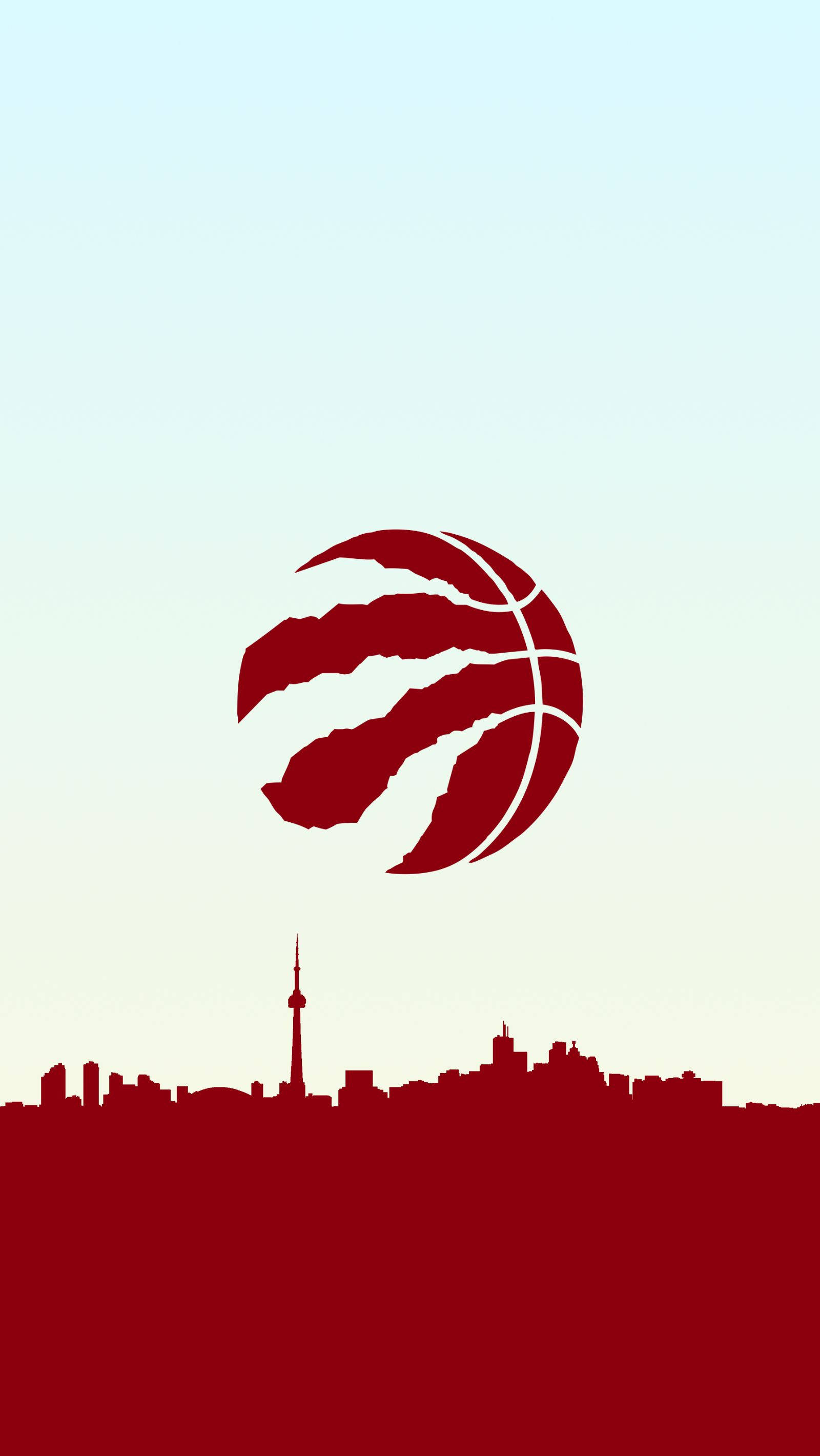 Raptors 桌布 壁紙 — 一個大膽的紅色多倫多暴龍籃球標誌漂浮在簡約城市天際線剪影之上，背景是柔和漸變的天空。