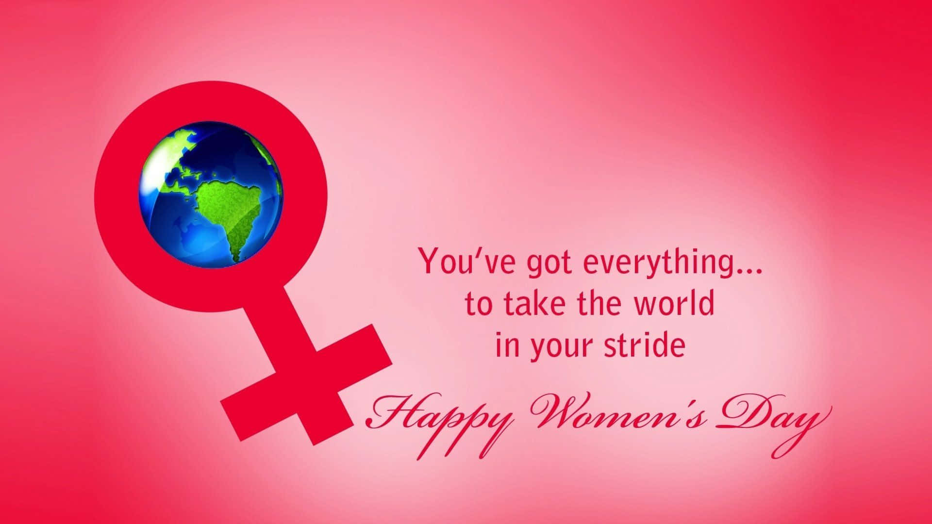 womens day 桌布 壁紙 — 一個大膽的紅色女性符號環繞著藍綠色地球儀，背景為漸變粉色，並帶有慶祝婦女節的文字。
