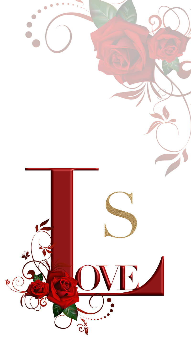 S 桌布 壁紙 — 一個大膽的紅色字母L和金色S在白色背景上形成「LOVE」，並飾有紅玫瑰和優雅的漩渦。