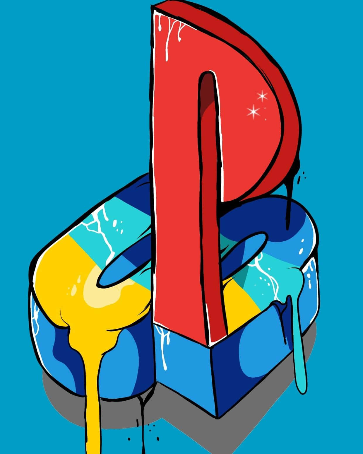 Gaming Art 桌布 壁紙 — 一個大膽的紅色字母P在純藍色背景上滴落著色彩繽紛的油漆，呈現出充滿活力的卡通風格。