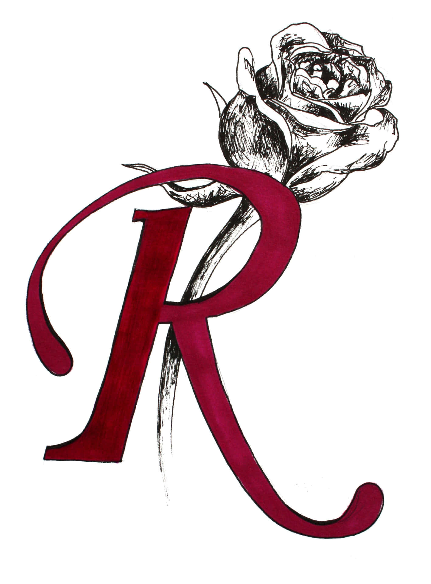 紅色風格化字母R，其曲線中長出一朵黑白玫瑰。 — Valorant Logo 壁紙
