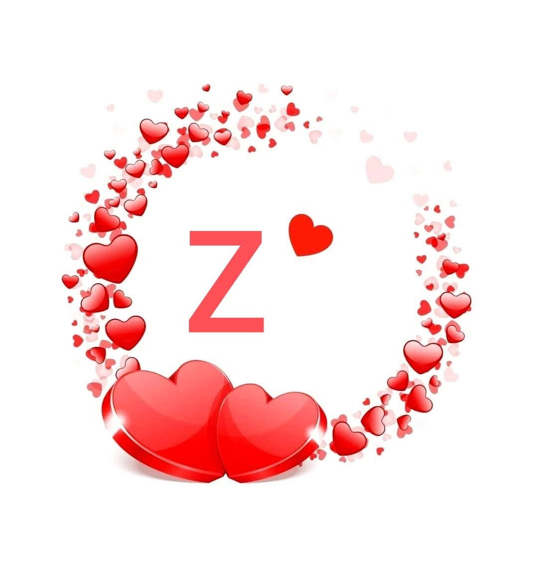 Z 桌布 壁紙 — 一個大膽的紅色字母Z，被閃亮心形組成的漩渦花環包圍，底部有兩個大心形。