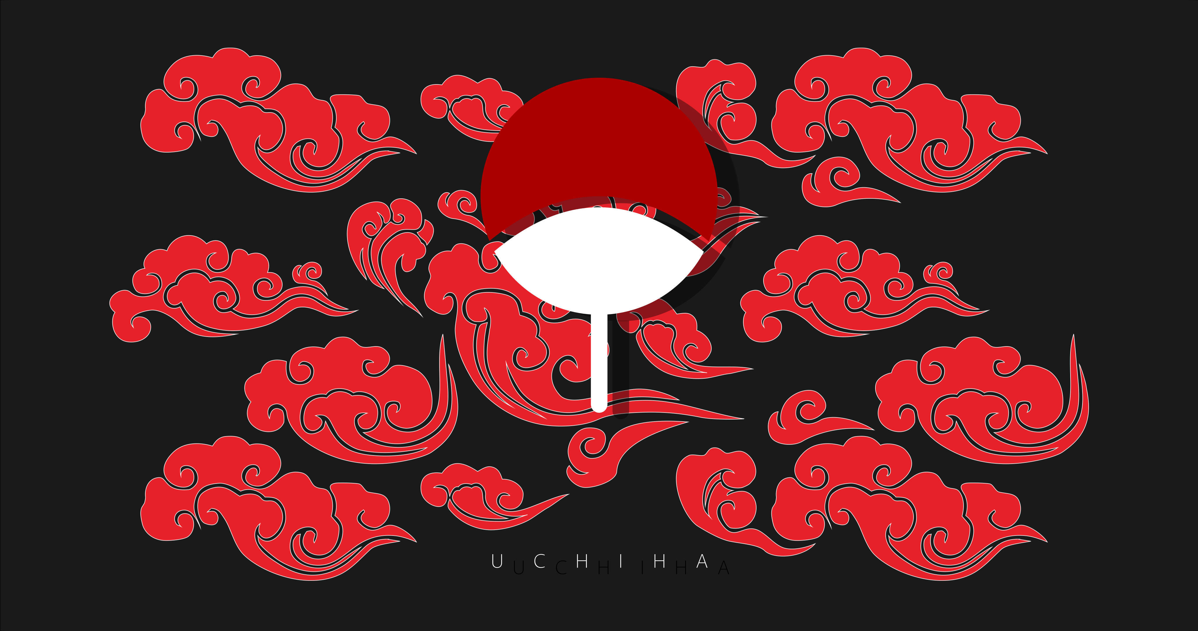 火影忍者 桌布 壁紙 — 一個大膽的紅色宇智波族徽，帶有旋轉的雲朵，背景為黑色。