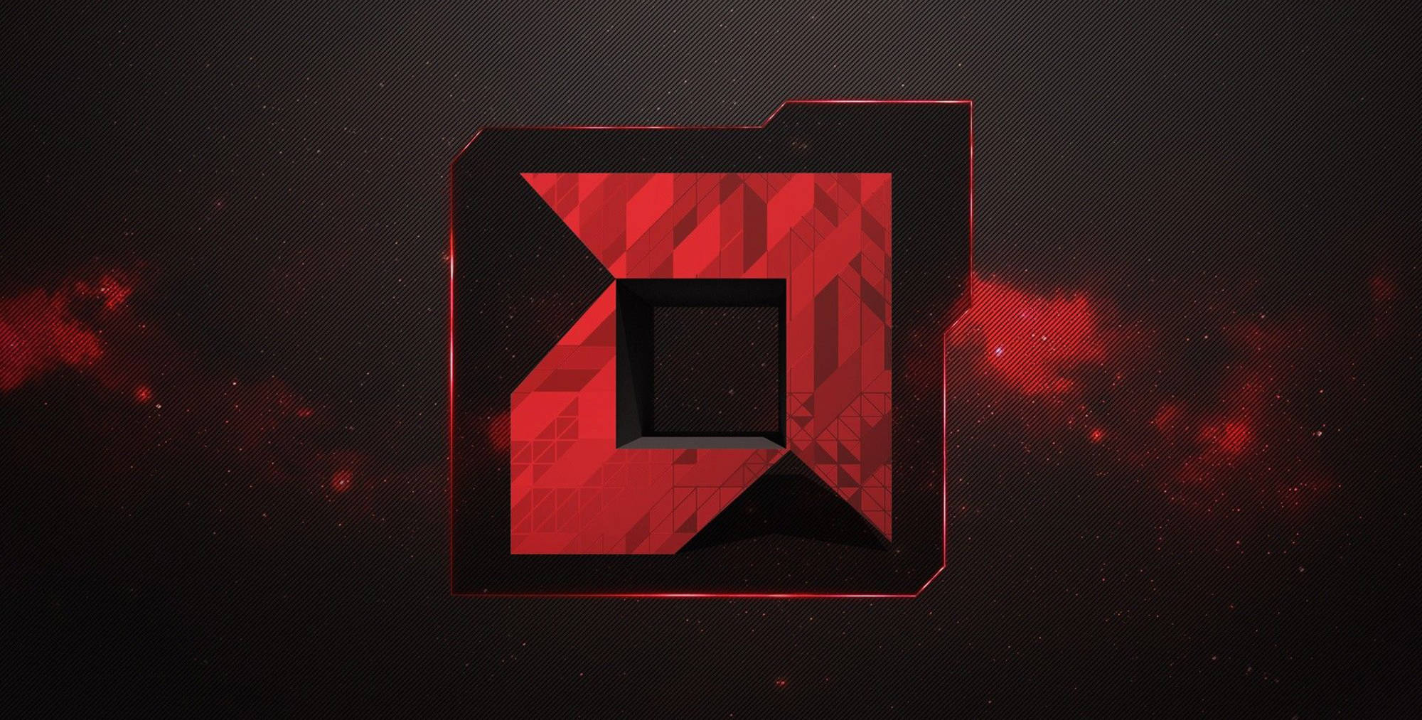 AMD 桌布 壁紙 — 一個大膽的紅色幾何標誌，帶有切割面設計，在黑暗的宇宙背景中閃耀，伴隨著紅色星雲。