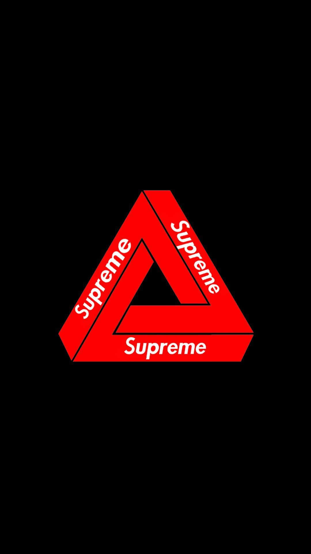 supreme aesthetic 桌布 壁紙 — 一個大膽的紅色彭羅斯三角標誌，每邊帶有「Supreme」文字，置於純黑色背景上。