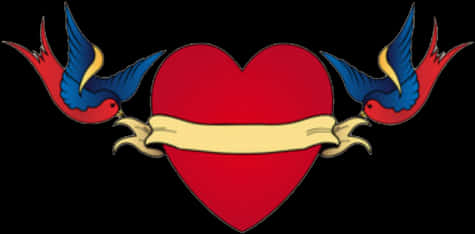 Heart Tattoo 桌布 壁紙 — 一個大膽的紅色心形，兩側對稱飛翔著兩隻藍色和紅色的鳥，背景為黑色。