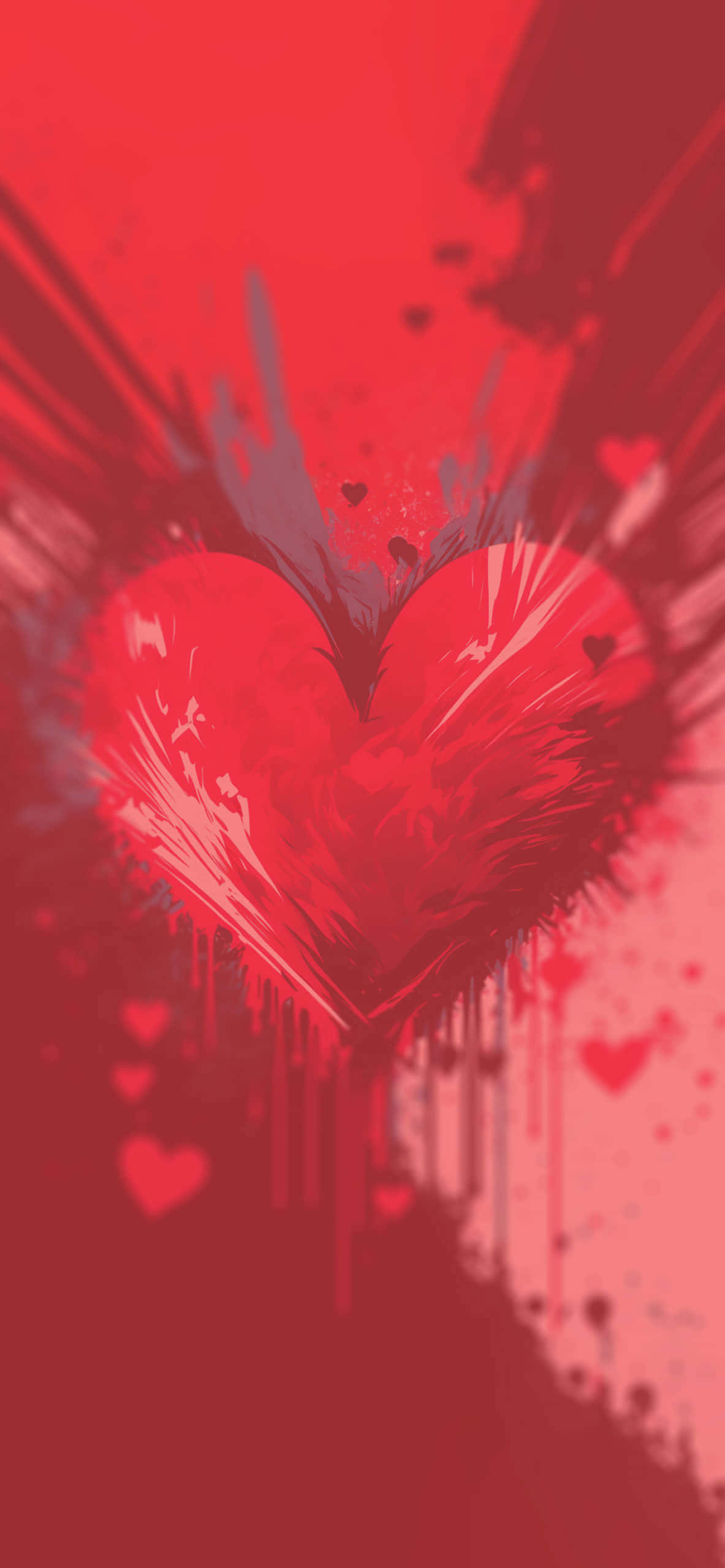 Heart Art 桌布 壁紙 — 一個大膽的紅色心形，濺滿顏料滴和較小的愛心，背景為漸變紅色。