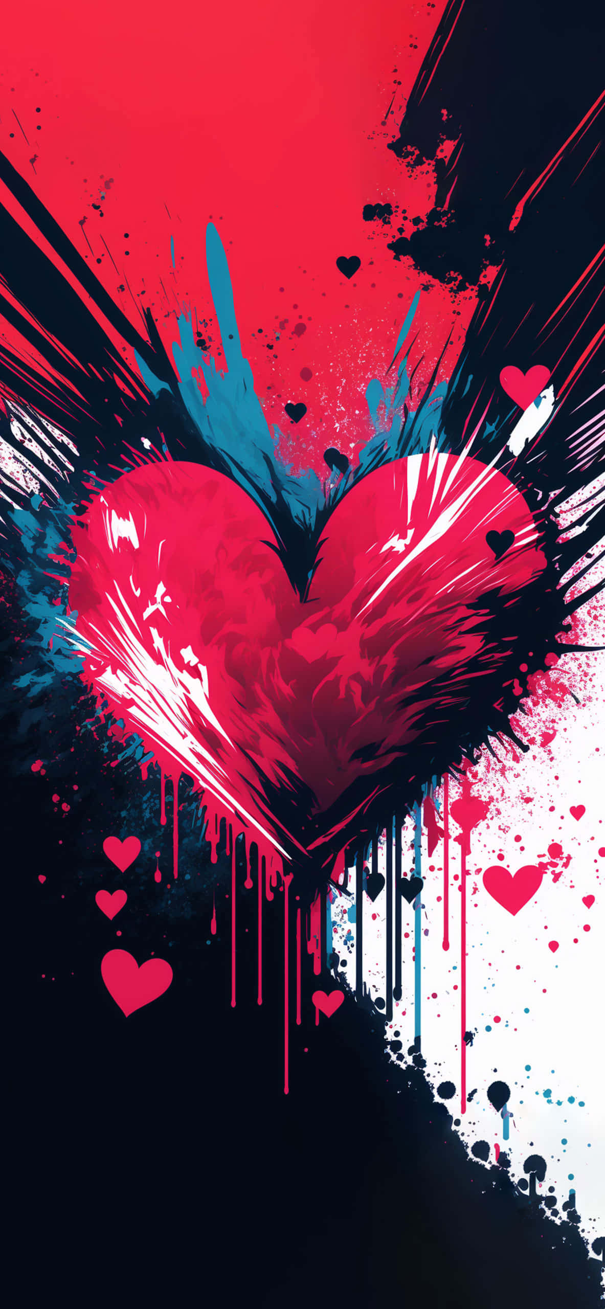Heart Art 桌布 壁紙 — 一個大膽的紅色心形在鮮明的黑白背景上爆發出動態的油漆飛濺和滴落。