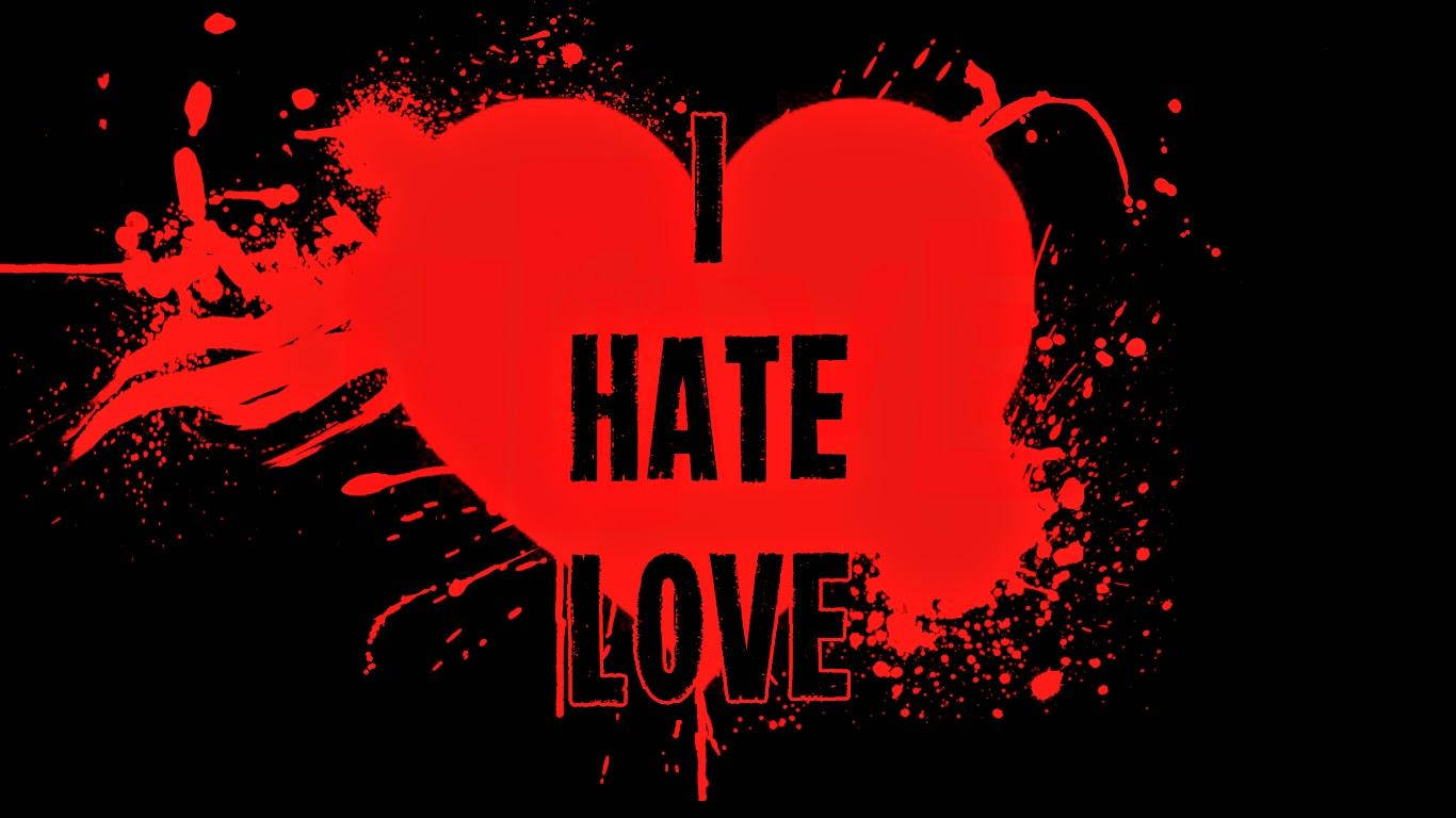 hate 桌布 壁紙 — 一個大膽的紅色心形被顏料濺灑，在黑色背景上承載著「我恨愛情」的鮮明訊息。