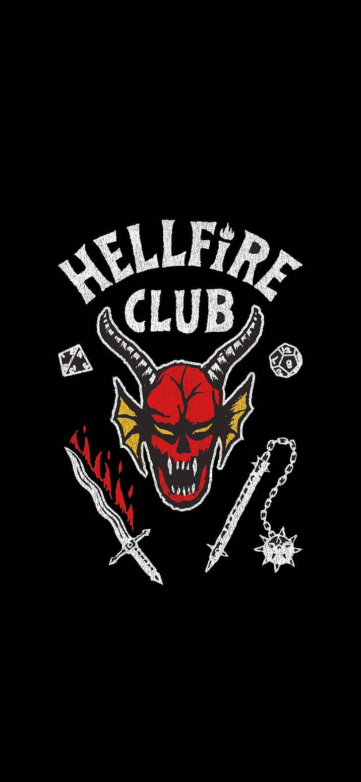 Hellfire Club 標誌，以紅色惡魔頭骨、角和武器為特色，背景為黑色。 — 怪奇物語 壁紙