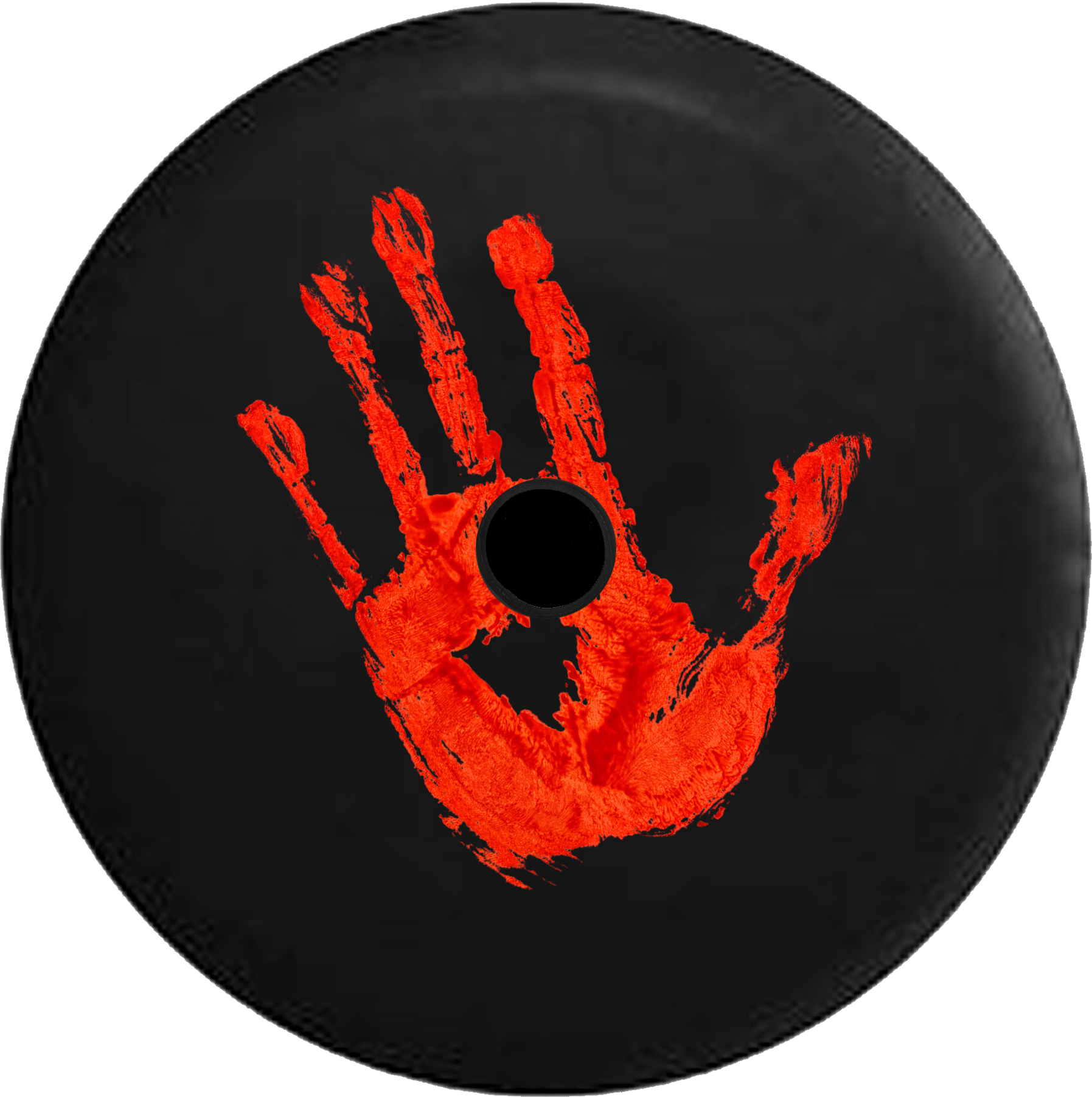 Handprint 桌布 壁紙 — 一個大膽的紅色手印抹在一個帶有中心孔的黑色圓形表面上。