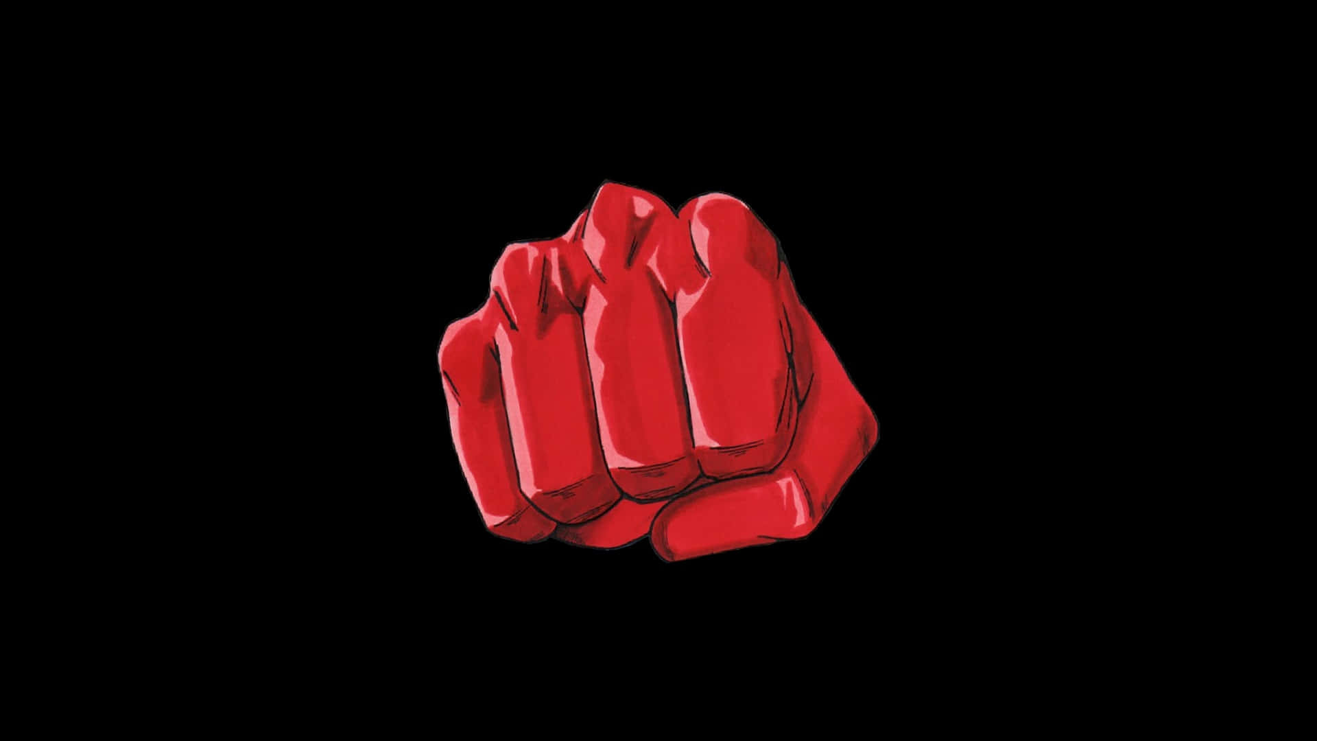 One Punch Man Minimalist 桌布 壁紙 — 一個大膽的紅色拳頭緊緊握緊，對著鮮明的黑色背景，傳達力量與反抗。