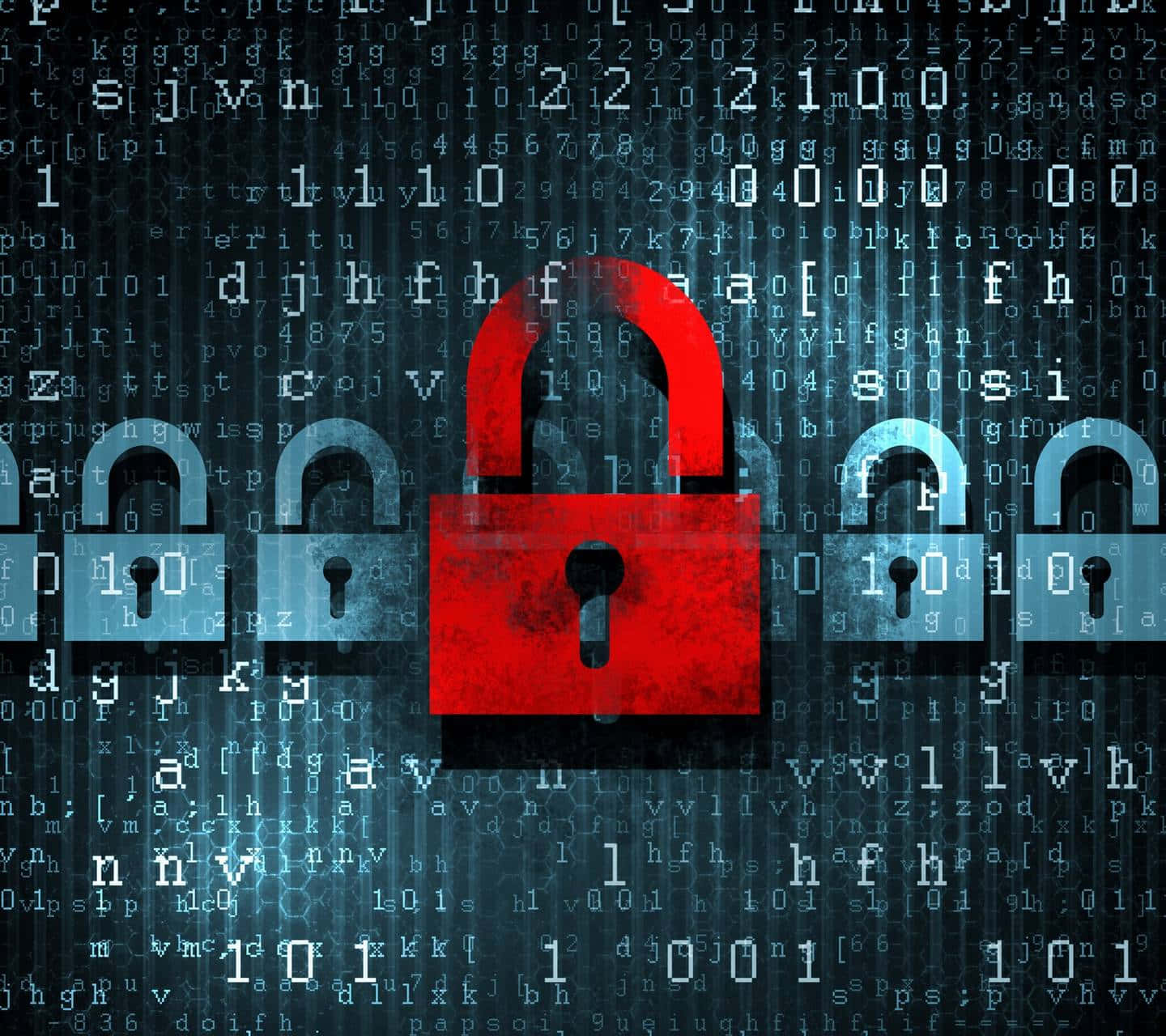 Cyber Security 桌布 壁紙 — 一個大膽的紅色掛鎖主導了充滿故障二進制代碼和褪色藍色鎖的黑暗數位背景。