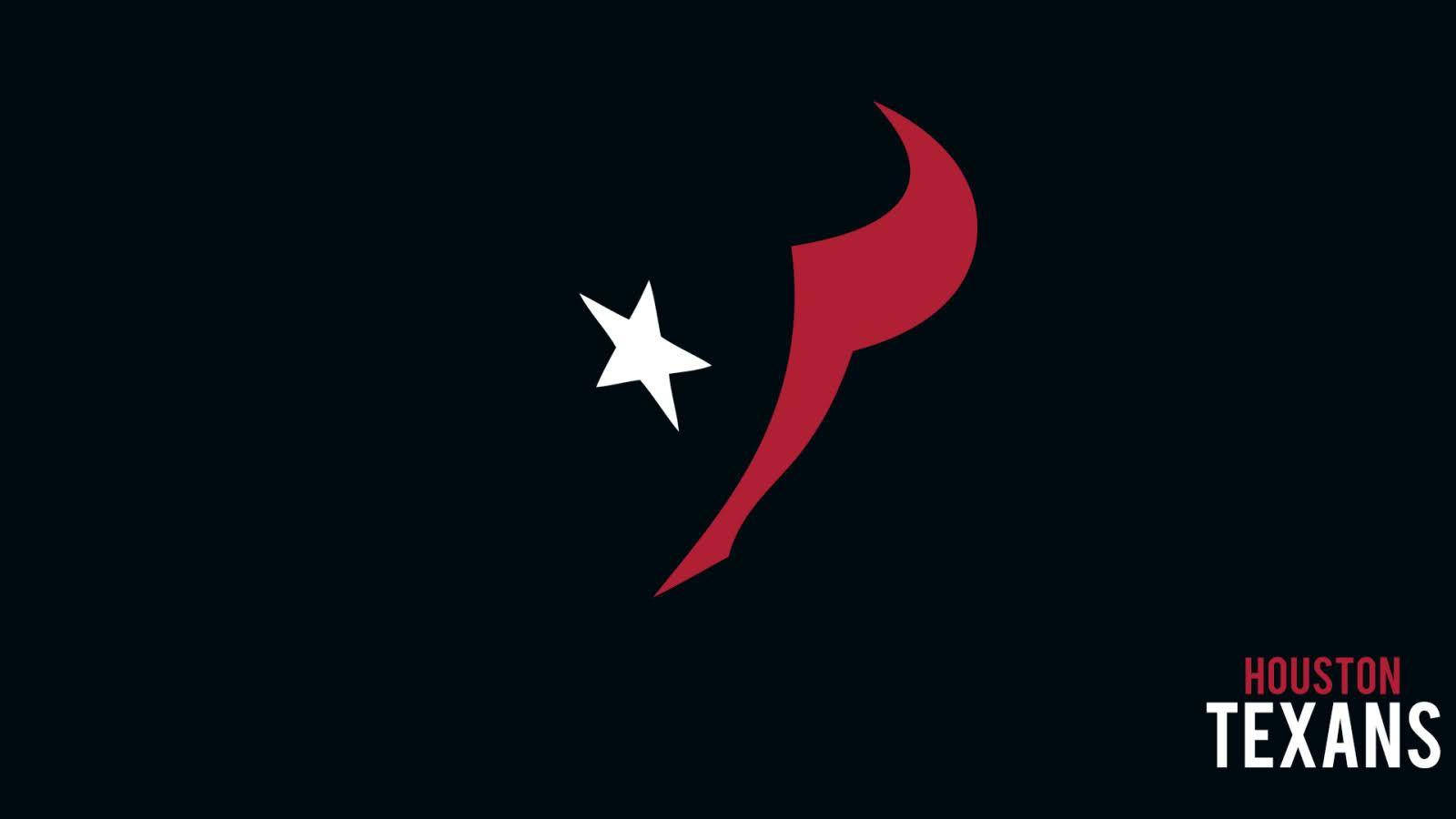 Texans 桌布 壁紙 — 一個大膽的紅色新月和白色星星標誌，代表休士頓德州人隊，在純黑色背景上以紅色和白色的球隊名稱文字突出顯示。