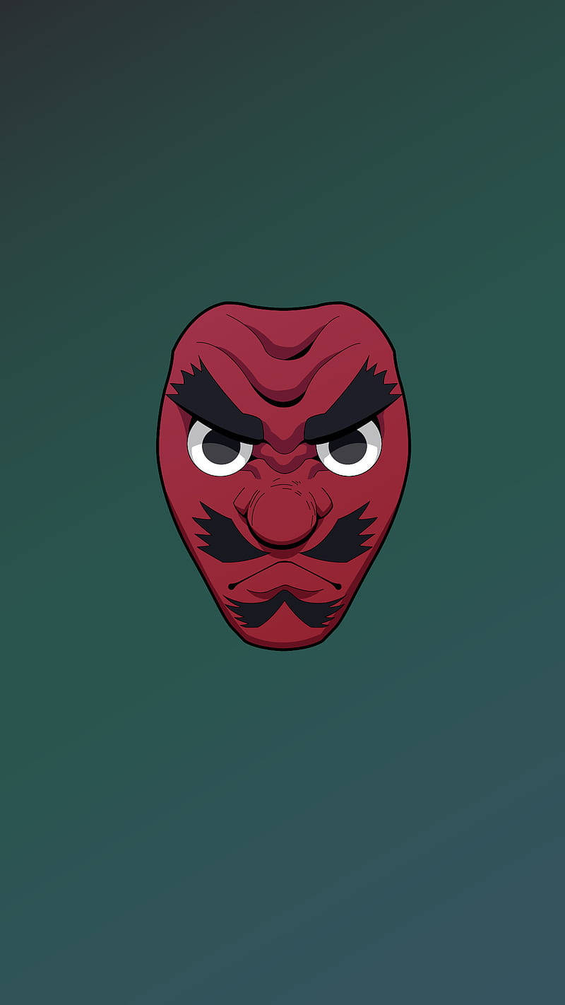 demon slayer mask 桌布 壁紙 — 一個大膽的紅色日本鬼面具，帶有兇猛的眼睛和黑色標記，居中放置在藍綠色漸變背景上。