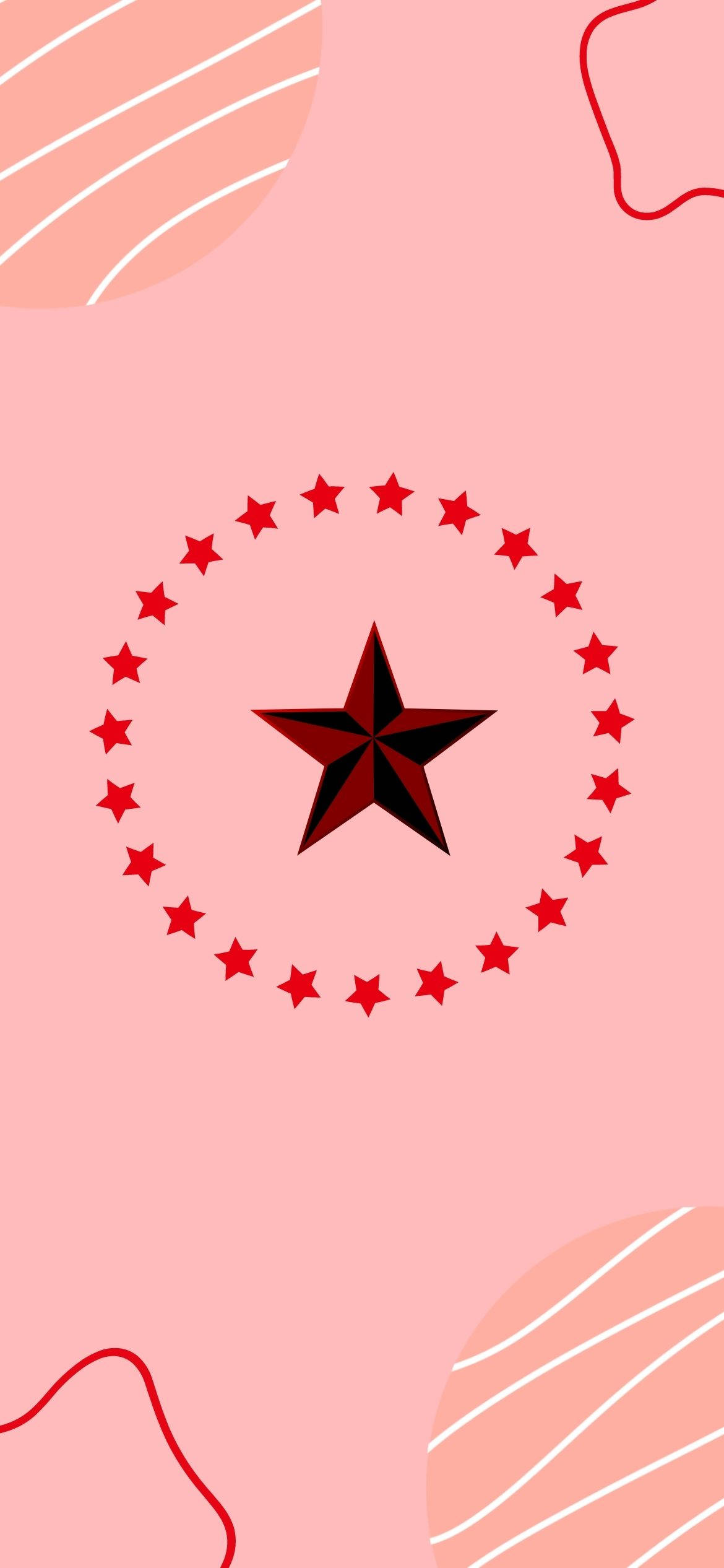 Red Star 桌布 壁紙 — 一個大膽的紅色星星被一圈較小的星星環繞，背景是柔和的粉紅色，帶有抽象幾何點綴。