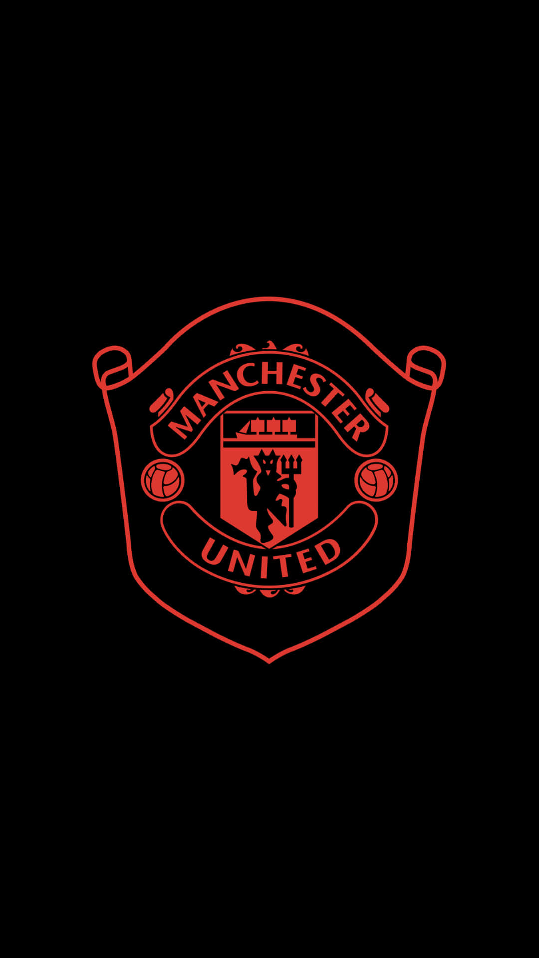 Manchester United iPhone 桌布 壁紙 — 一個大膽的紅色曼聯會徽在純黑色背景上發光，採用極簡數位設計。
