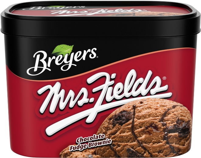 布朗尼 桌布 壁紙 — 一個大膽的紅色桶裝Breyers Mrs Fields巧克力軟糖布朗尼冰淇淋，帶有誘人的軟糖塊漩渦。