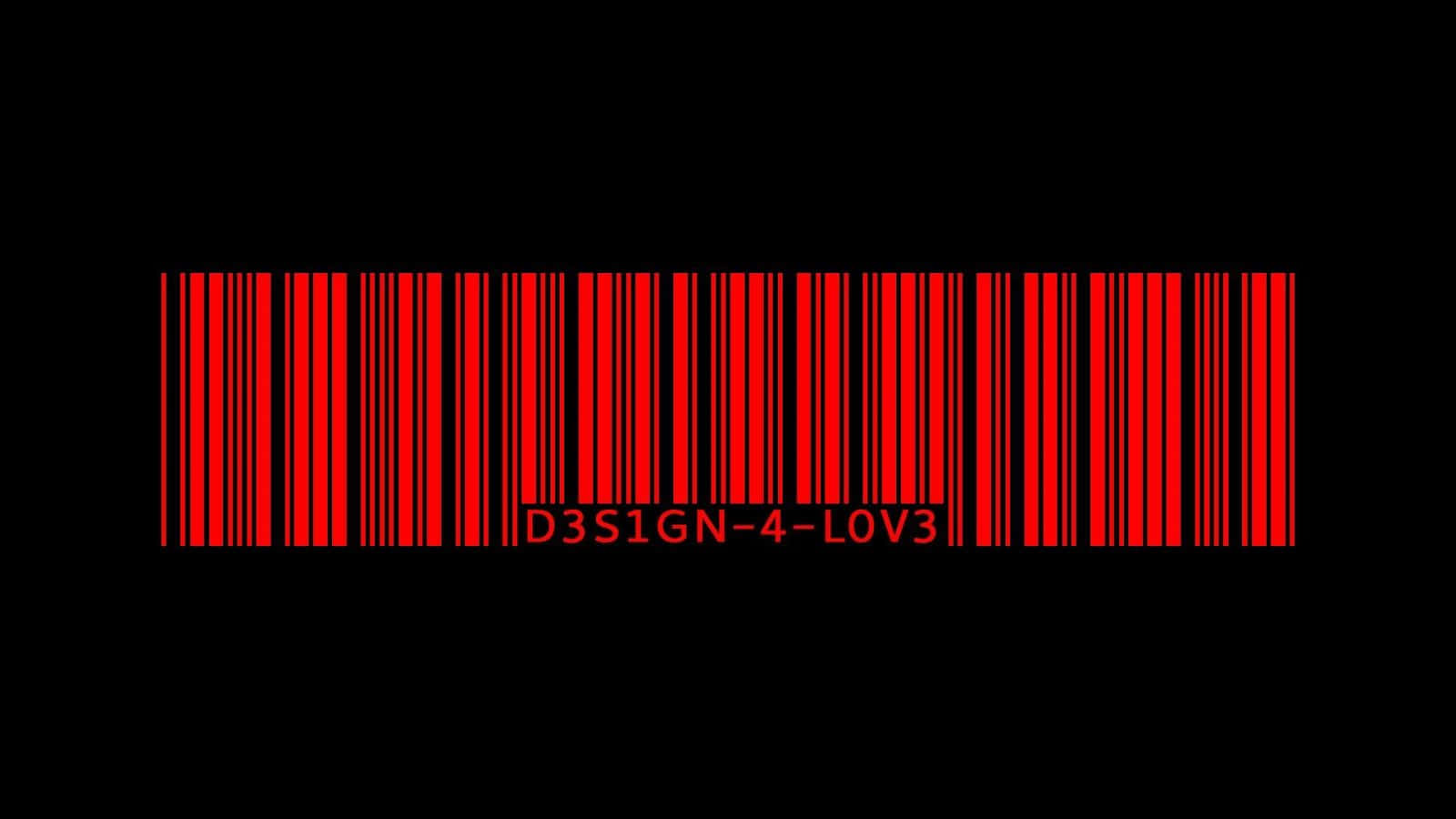 Barcode 桌布 壁紙 — 一個大膽的紅色條碼，帶有文字 D3S1GN-4-L0V3，在純黑色背景上發光。
