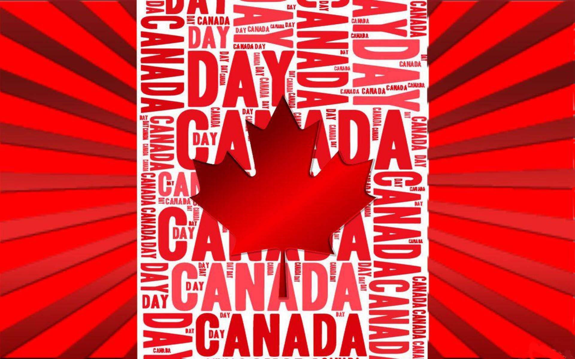 Canada Day 桌布 壁紙 — 一個大膽的紅色楓葉剪影，居中於一個充滿重複 'CANADA DAY' 文字的白色背景上，並由放射狀的紅色條紋框住。