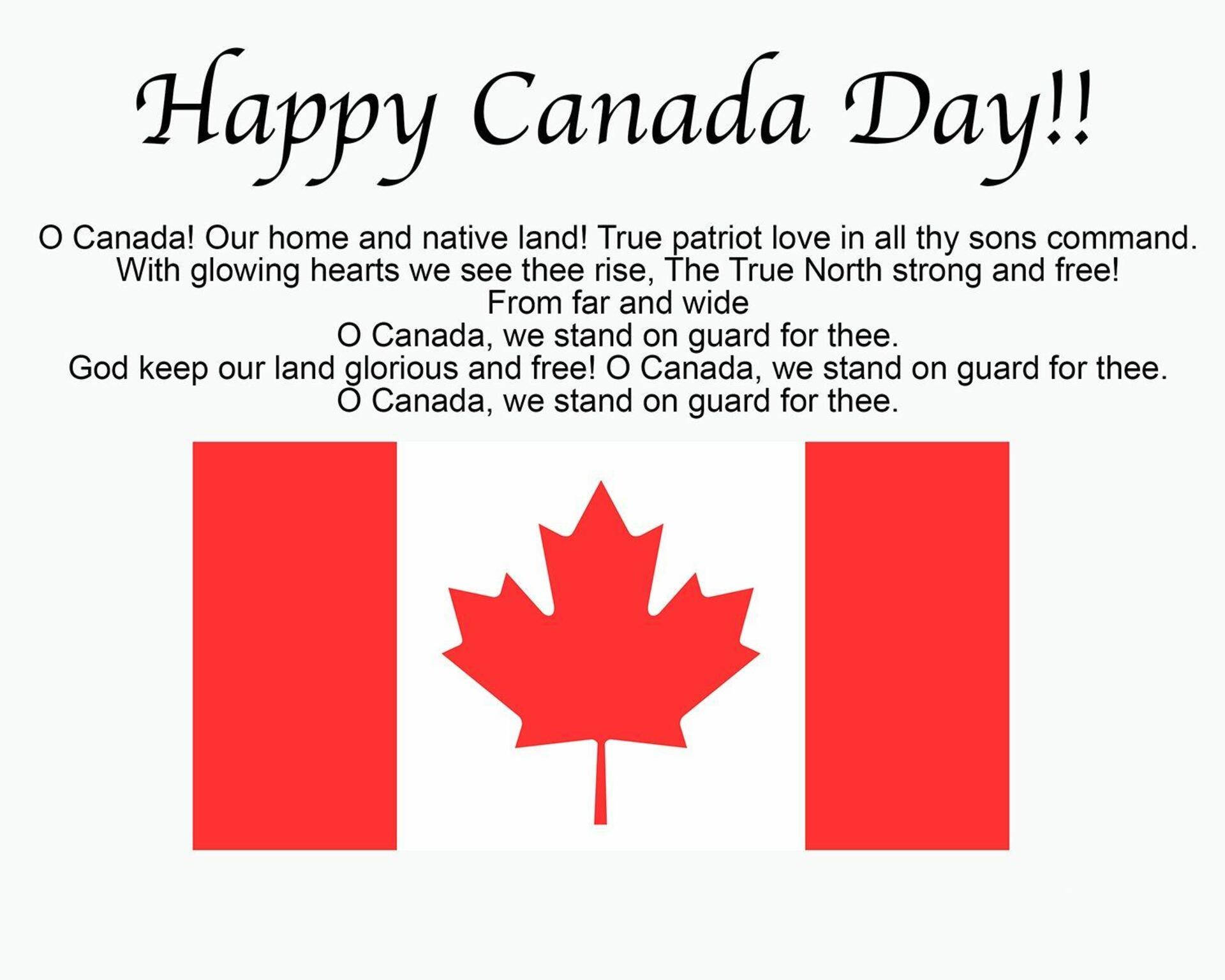 Canada Day 桌布 壁紙 — 一個大膽的紅色楓葉居中在白色背景上，兩側有紅色垂直條紋，上方有愛國文字。