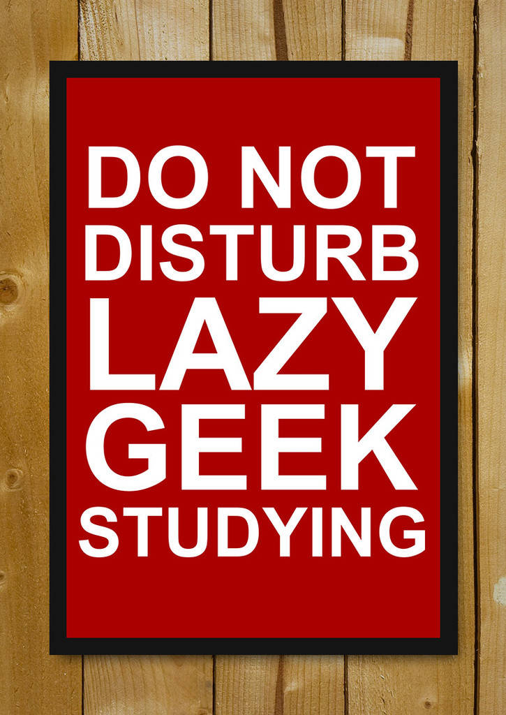 搞笑 桌布 壁紙 — 一個大膽的紅色標誌，上面有白色文字寫著「DO NOT DISTURB LAZY GEEK STUDYING」，安裝在淺色木鑲板牆上。