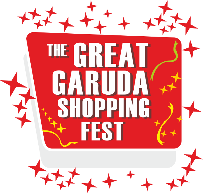 迦樓羅 桌布 壁紙 — 一個大膽的紅色標誌宣佈「The Great Garuda Shopping Fest」，周圍環繞著紅色星星和黃色彩帶。
