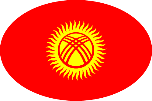 Kyrgyzstan 桌布 壁紙 — 一個大膽的紅色橢圓形，在黑色背景上呈現出一個帶有風格化中心設計的耀眼黃色太陽。