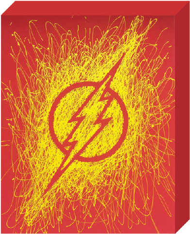 The Flash Logo 桌布 壁紙 — 一個大膽的紅色正方形，帶有黃色閃電標誌，周圍環繞著充滿活力的塗鴉。