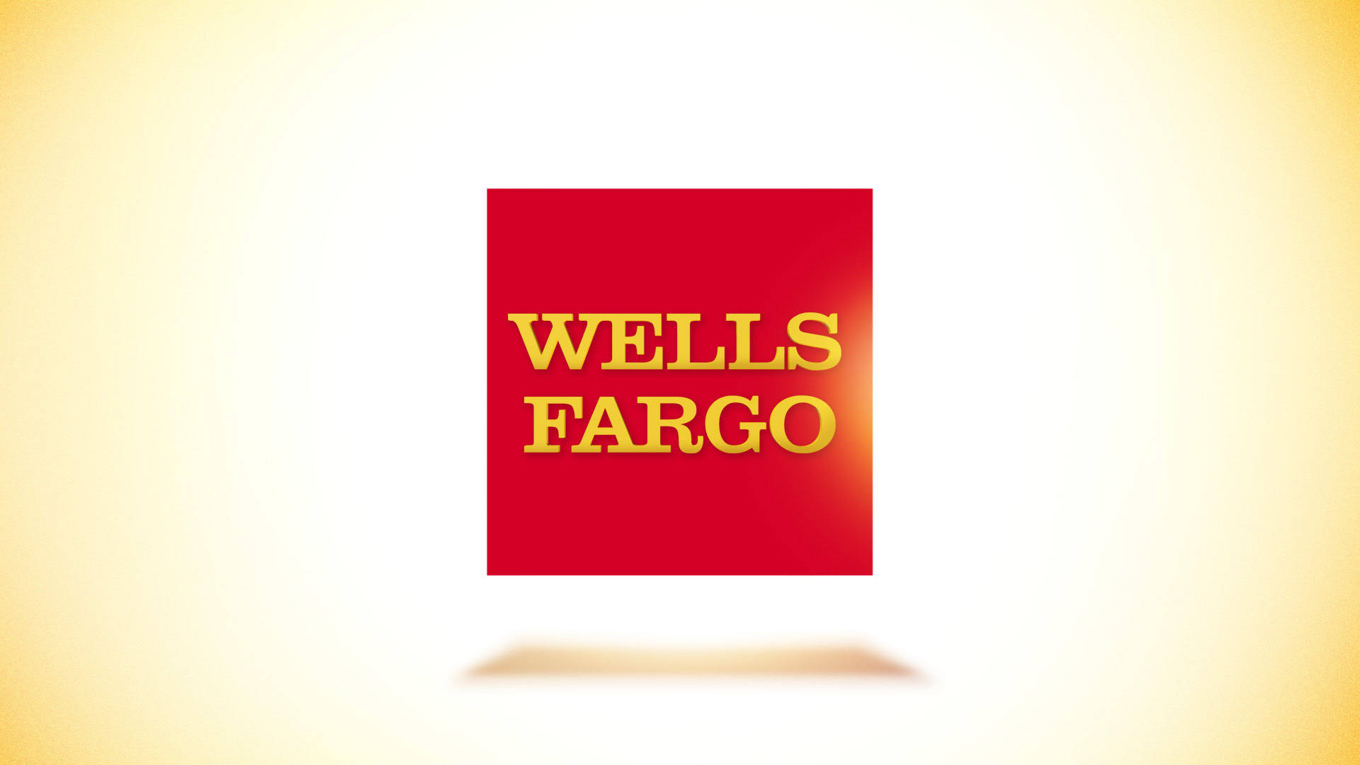 漸層 桌布 壁紙 — 一個大膽的紅色正方形，金色Wells Fargo文字居中，背景為柔和黃色漸變。