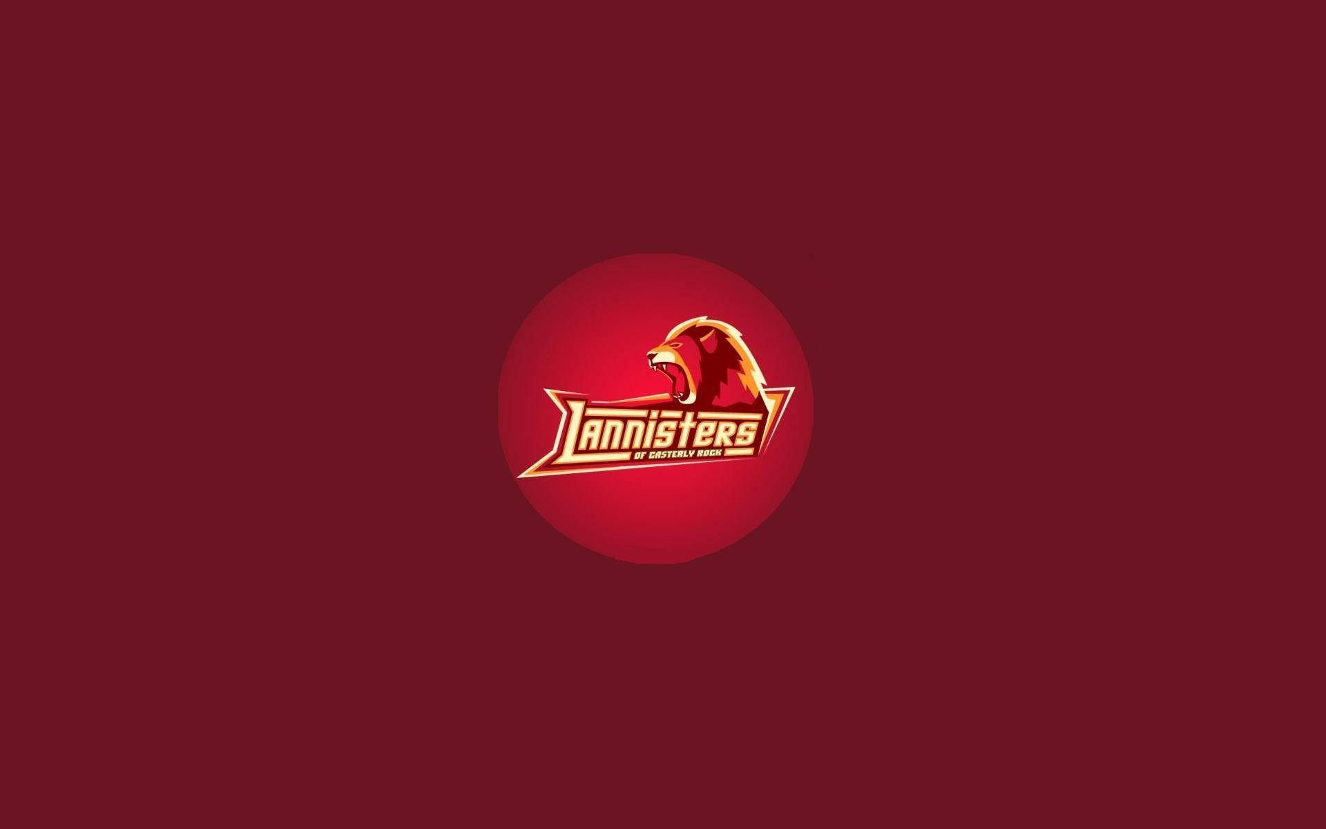 House Lannister 桌布 壁紙 — 一個大膽的紅色獅子頭標誌，帶有 'Lannisters' 文字，在深栗色背景上發光。