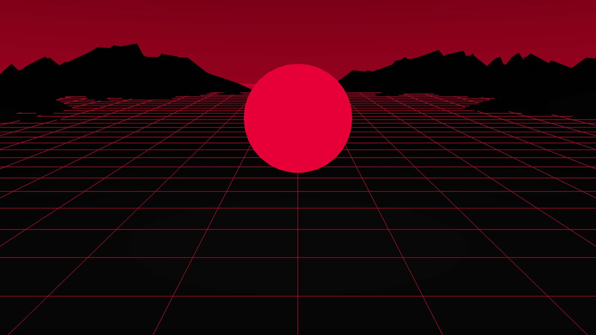Aesthetic Red 桌布 壁紙 — 一個大膽的紅色球體漂浮在發光的紅色網格上，黑色山脈剪影映襯著深紅色的天空。