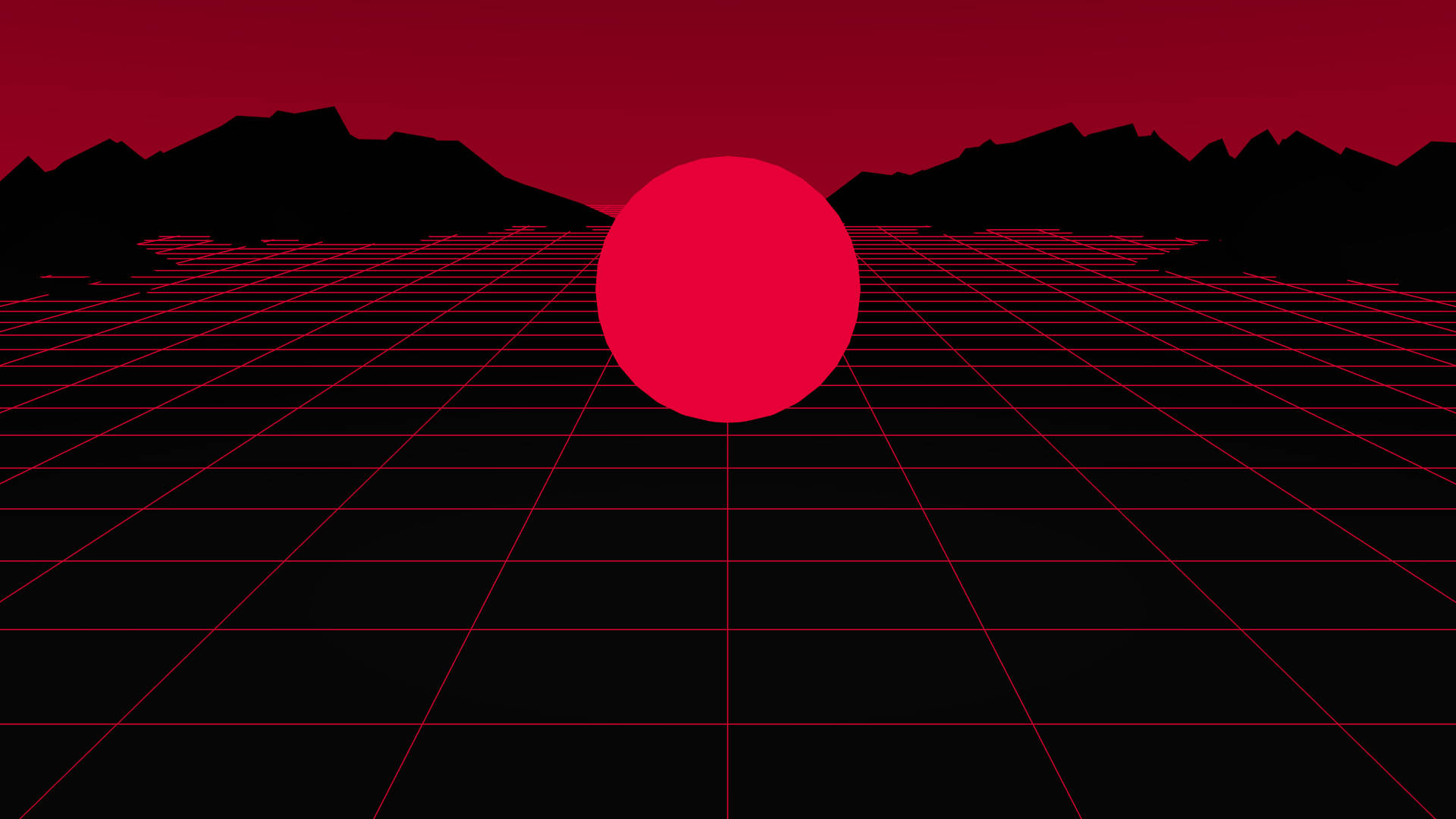 Outrun 桌布 壁紙 — 一個大膽的紅色球體漂浮在黑色網格景觀之上，背景是深紅色的天空和鋸齒狀的山脈輪廓。