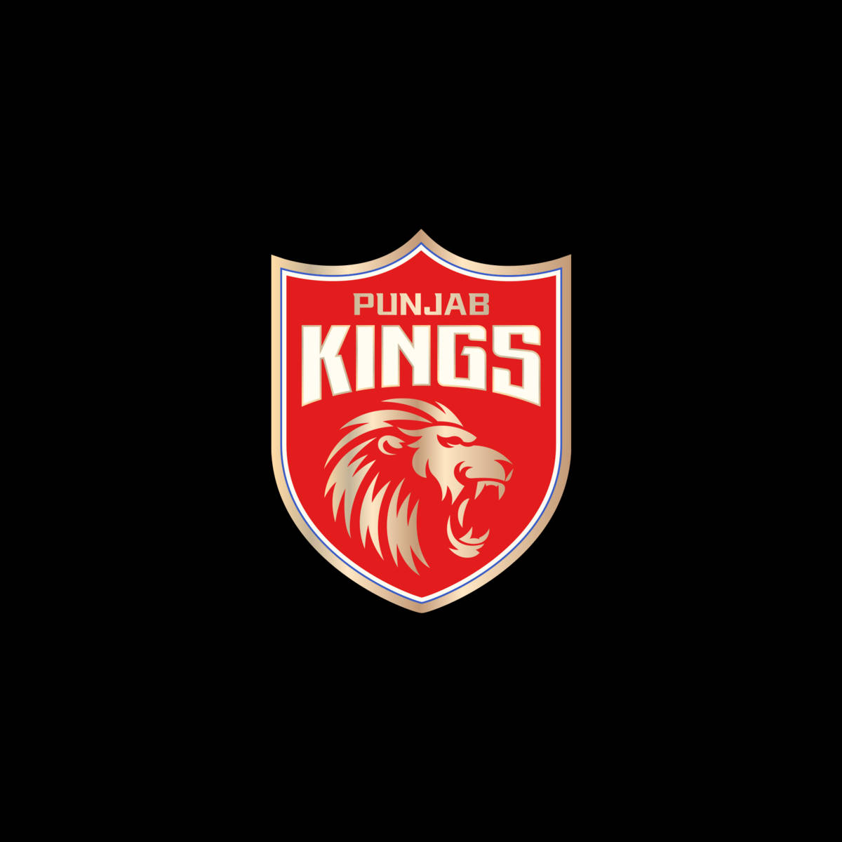 punjab kings 桌布 壁紙 — 一個大膽的紅色盾牌標誌，上面有一隻咆哮的獅子和「Punjab Kings」文字，背景為黑色。