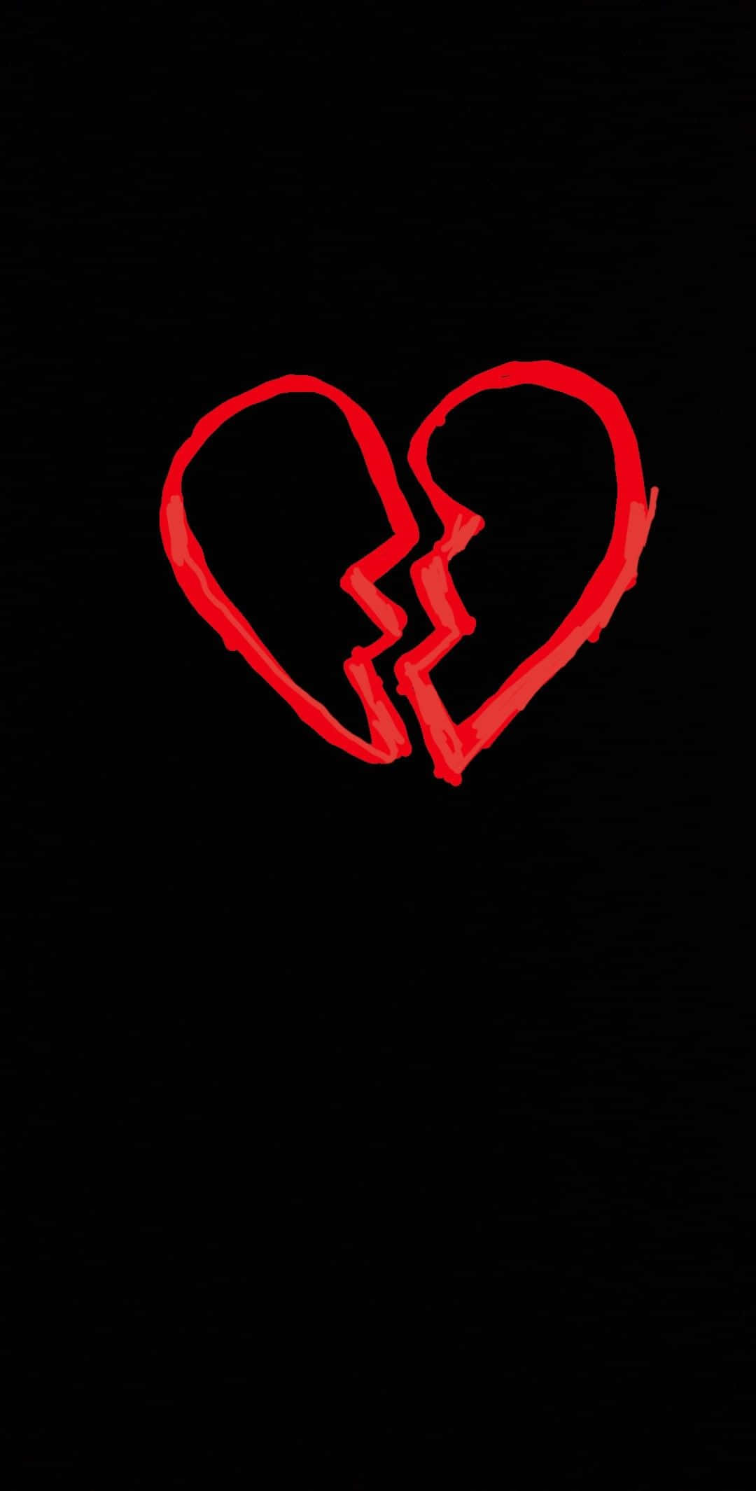 Broken Heart Aesthetics 桌布 壁紙 — 一個大膽的紅色破碎心形輪廓在單調的黑色紋理背景上發光。