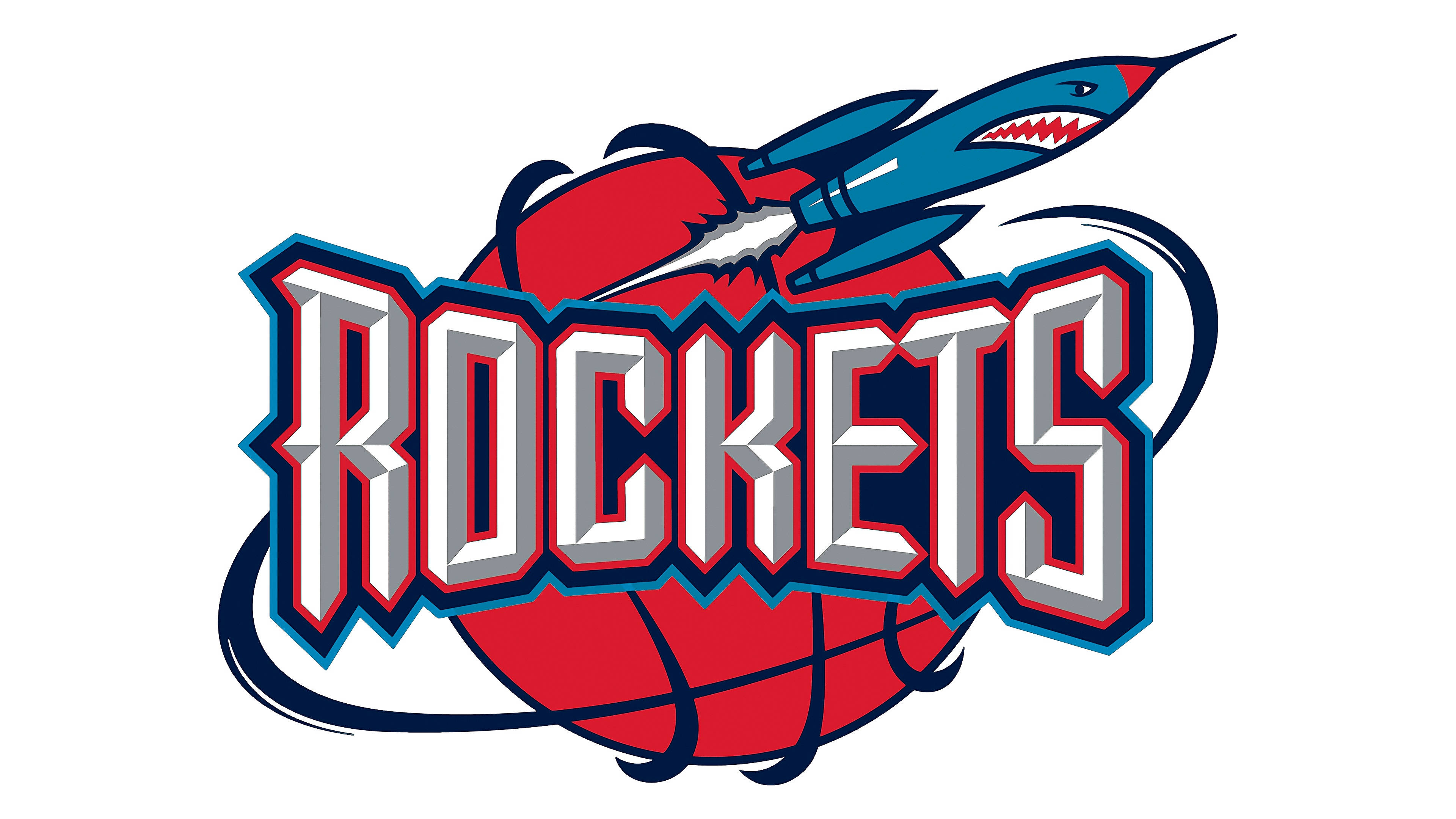 Houston Rockets 桌布 壁紙 — 一個大膽的紅色籃球，被藍色火箭鯊魚刺穿，周圍環繞著白色和藍色的風格化 'ROCKETS' 文字。