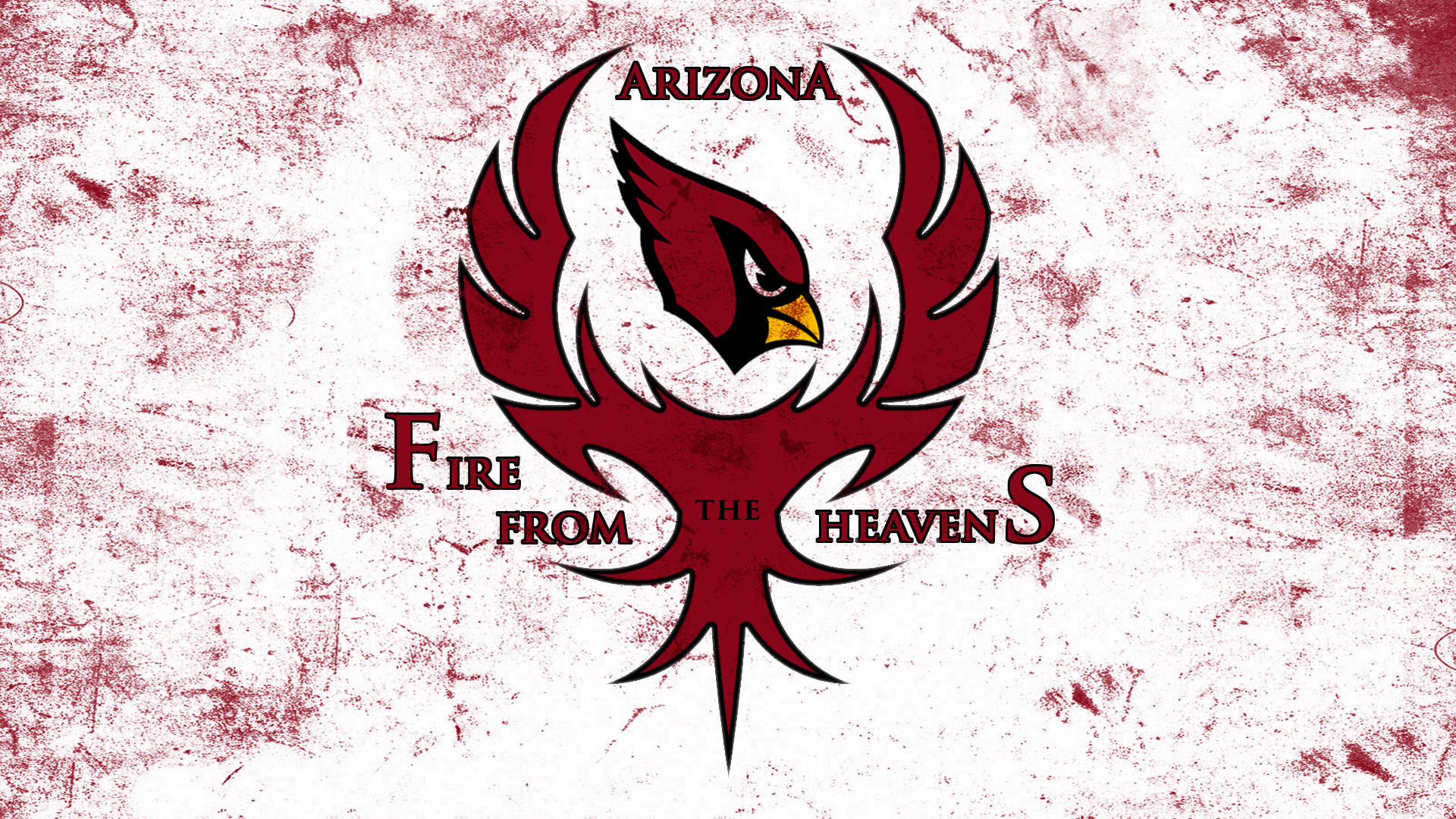 Arizona 桌布 壁紙 — 一個大膽的紅色紅雀標誌，帶有火焰翅膀，文字為 Arizona Fire from the Heavens，背景為磨損的白色。