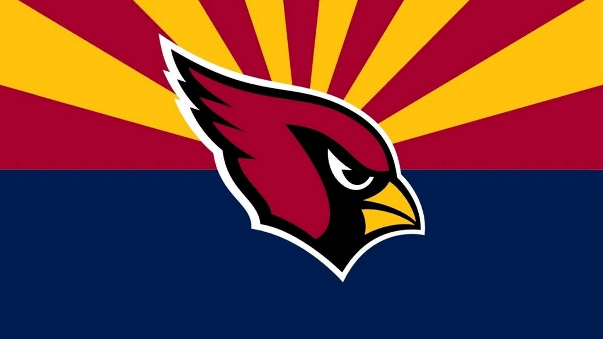 Cardinals 桌布 壁紙 — 一個大膽的紅色紅雀標誌，帶有白色輪廓，在紅、黃、藍條紋的旭日背景下格外突出。