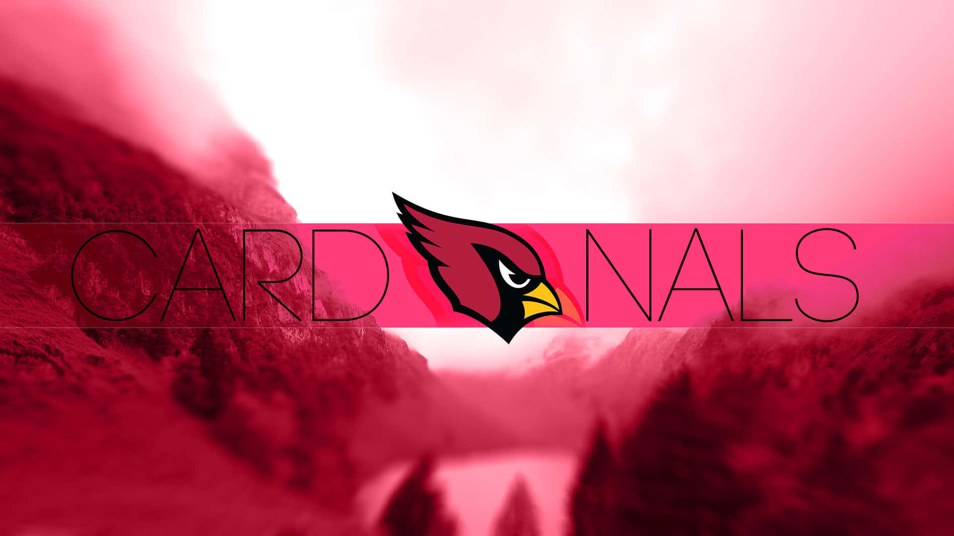 Arizona Cardinals 桌布 壁紙 — 一個大膽的紅色紅雀標誌居中於一個沐浴在粉紅色和紅色色調的山谷之上，帶有 'CARDINALS' 文字。