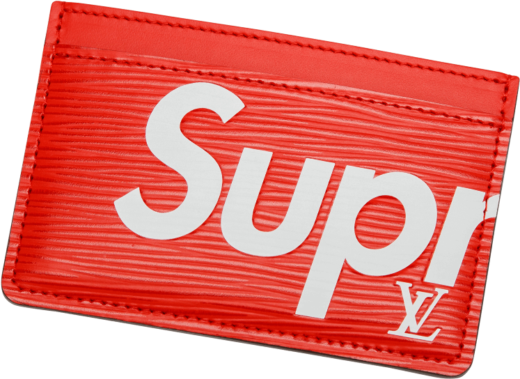 supreme 桌布 壁紙 — 一個大膽的紅色紋理卡套，帶有白色 'Supreme' 標誌和細小 LV 字母組合，背景為黑色。