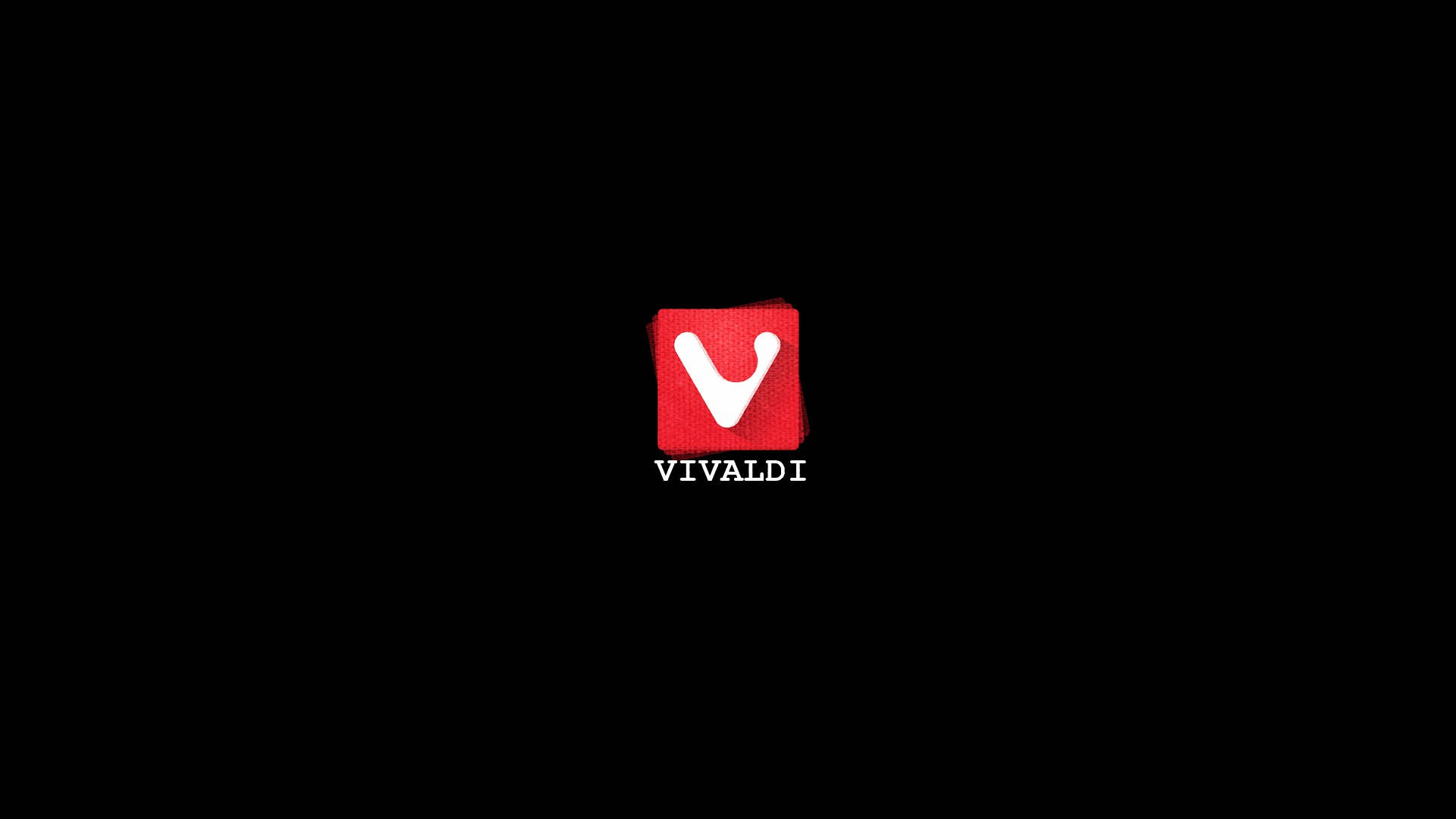 Website 桌布 壁紙 — 一個大膽的紅色紋理正方形，中央有一個白色V標誌，黑色背景下方有VIVALDI字樣。