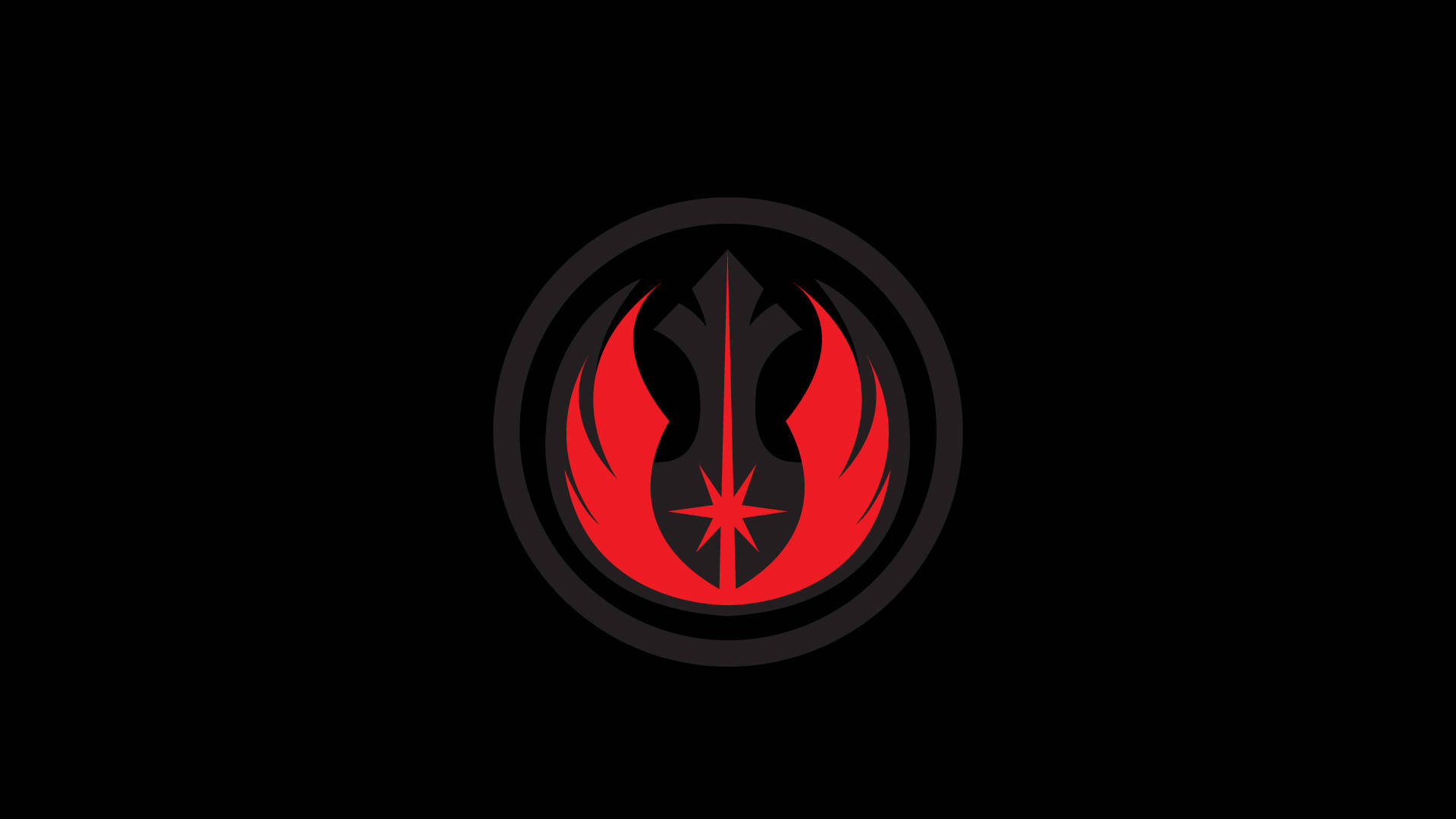 Star Wars Logo 桌布 壁紙 — 一個大膽的紅色絕地武士團標誌在簡約的數位設計中，在鮮明的黑色背景上發光。